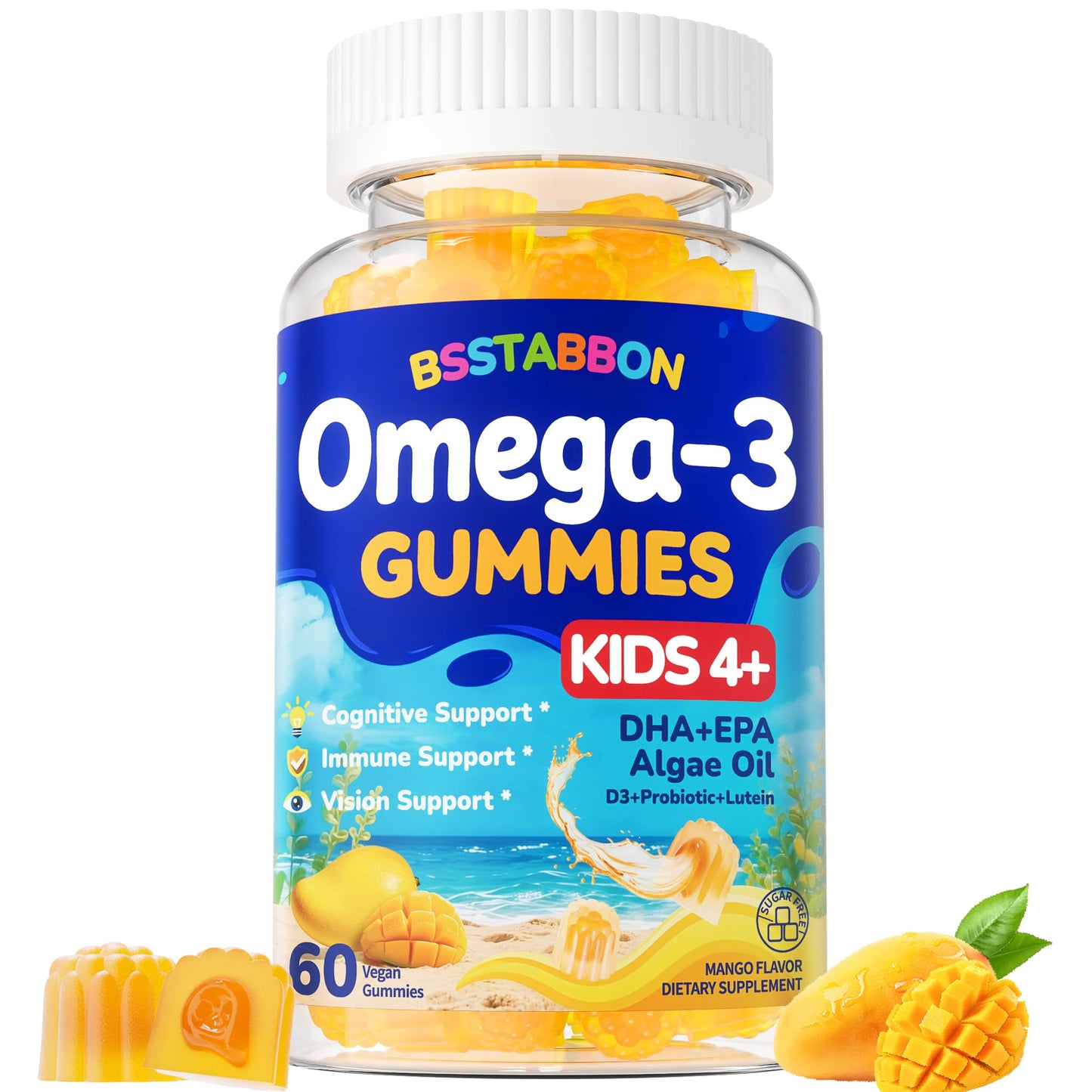 BSSTABBON Vegan Omega 3 Gummies for Kids 4+ DHA EPA with Vitamin D3 B12 Probiotic Lutein Zinc No Fish Taste Multivitamin, 60 Gummies