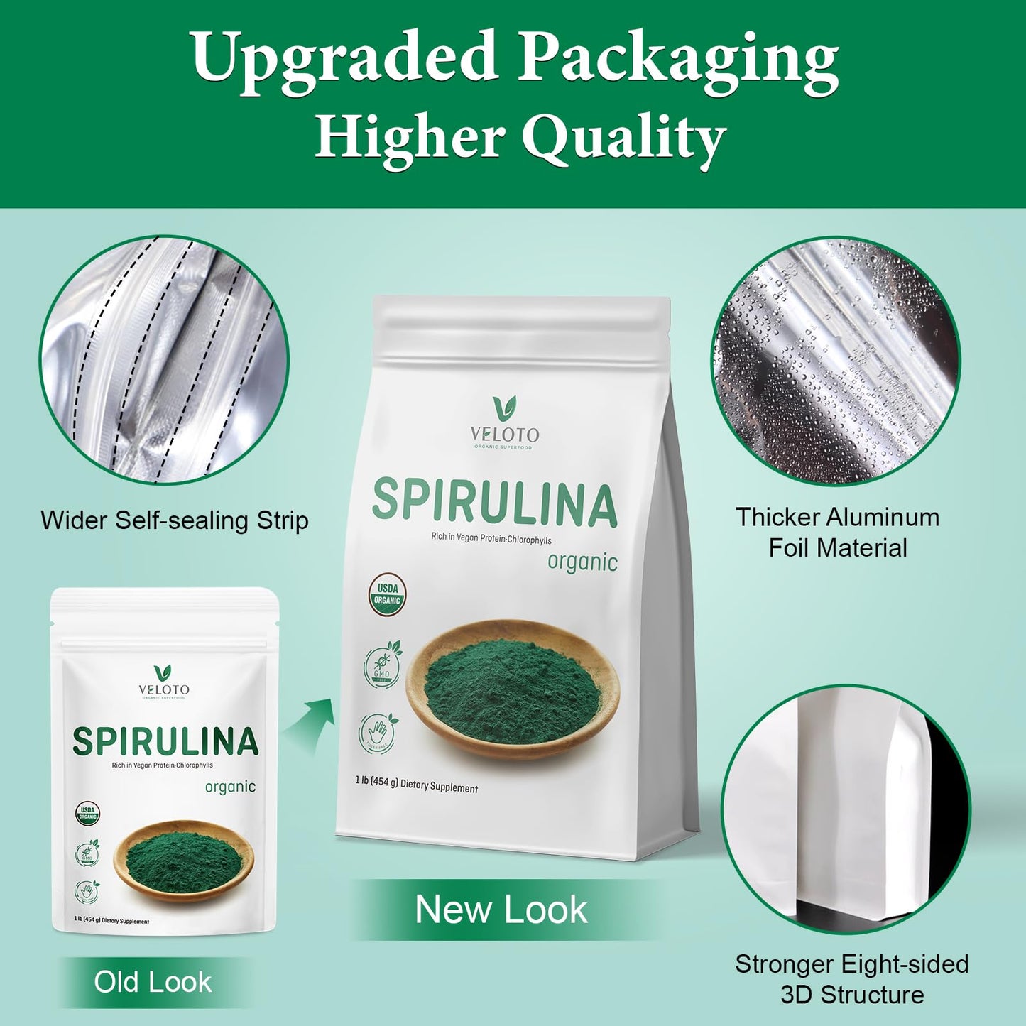 VELOTO Organic Spirulina Powder, 16 oz