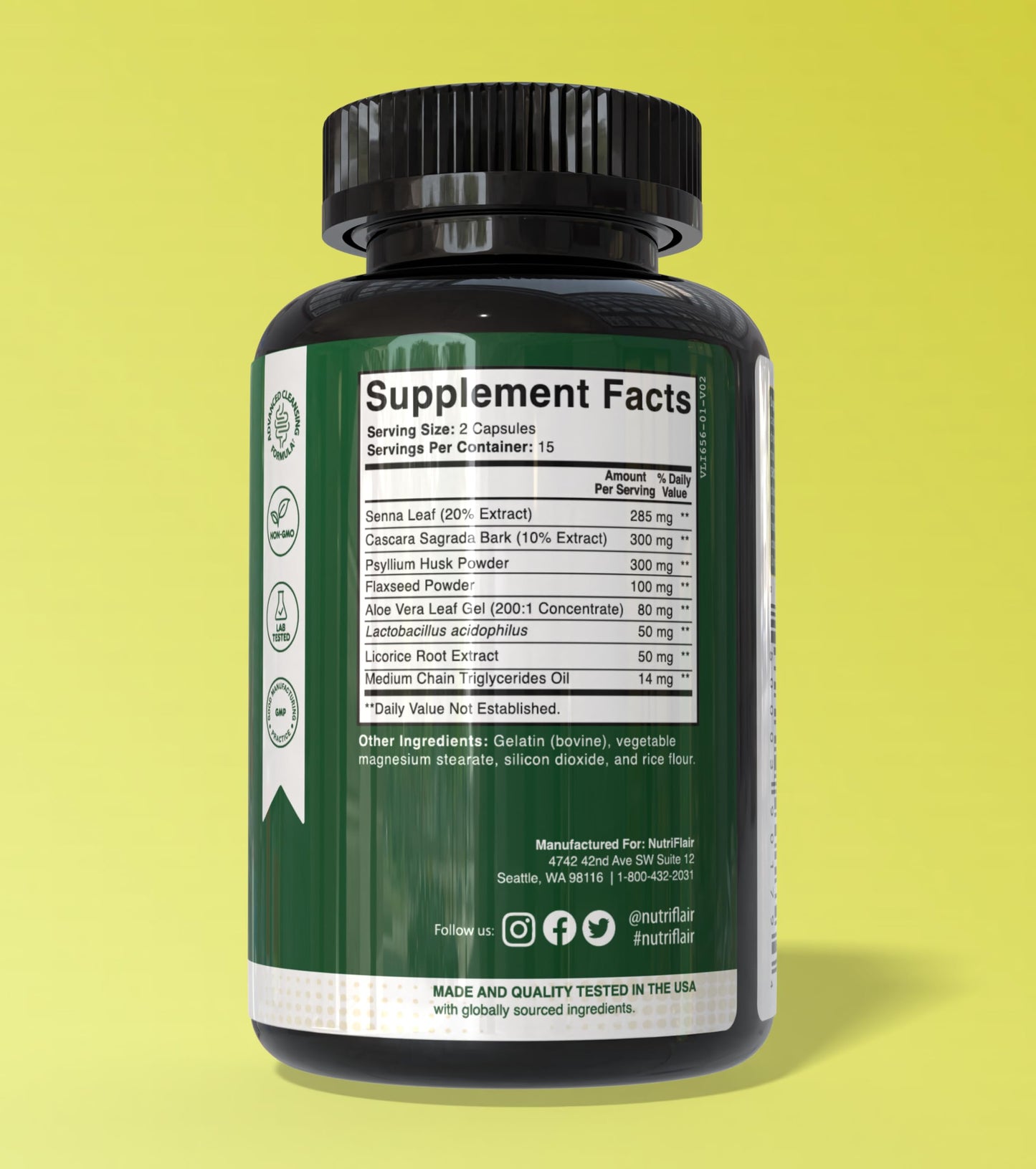 NutriFlair Colon Cleanse – 15 Day Advanced Gut Detox with Cascara Sagrada, Senna Leaf, Psyllium Husk & Probiotics 30 Capsules