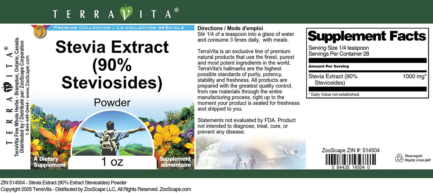 Terravita Stevia Extract (90% Steviosides) Powder, 1 oz