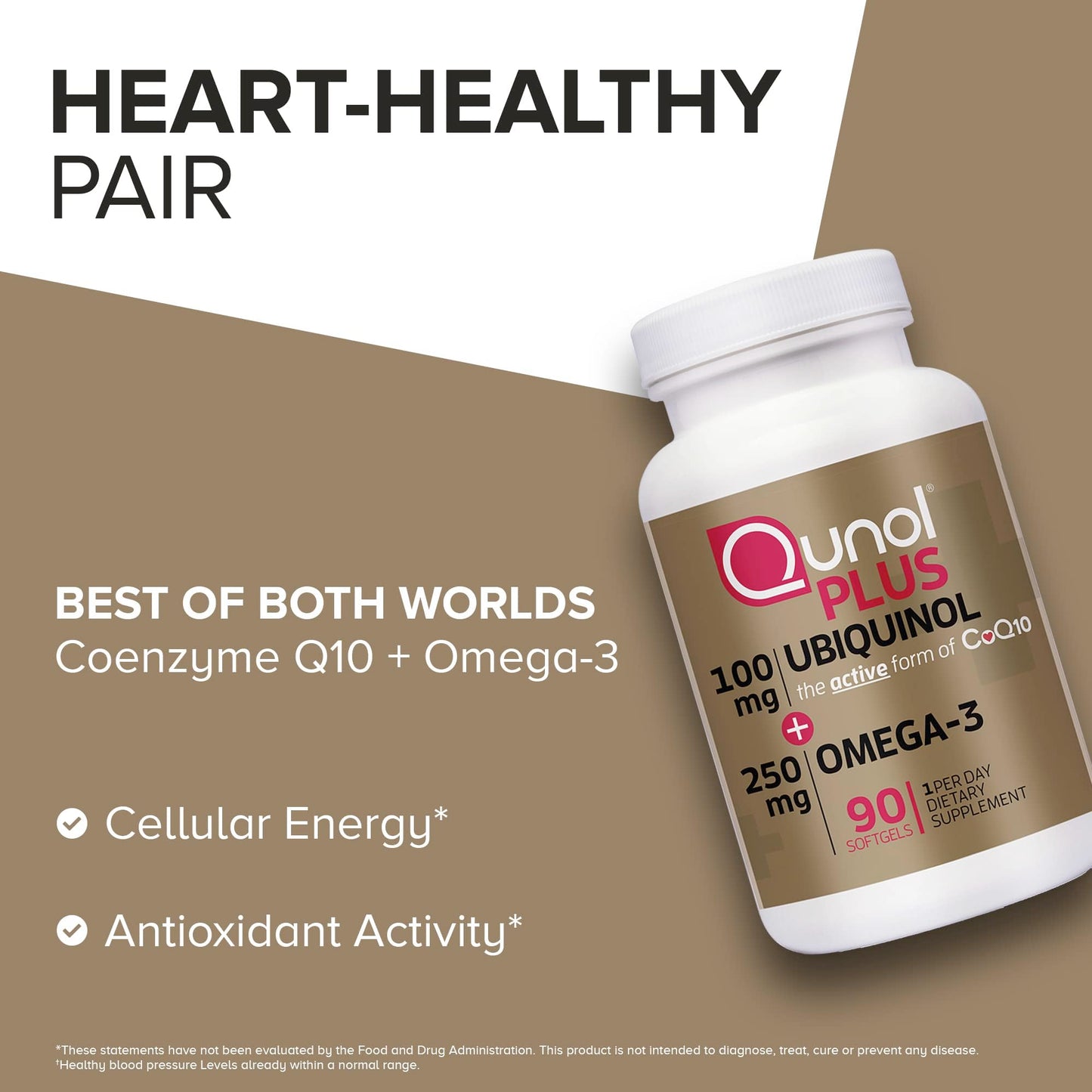 Qunol Ubiquinol CoQ10 100mg with Omega-3 Fish Oil 250mg Softgels, 90 Count
