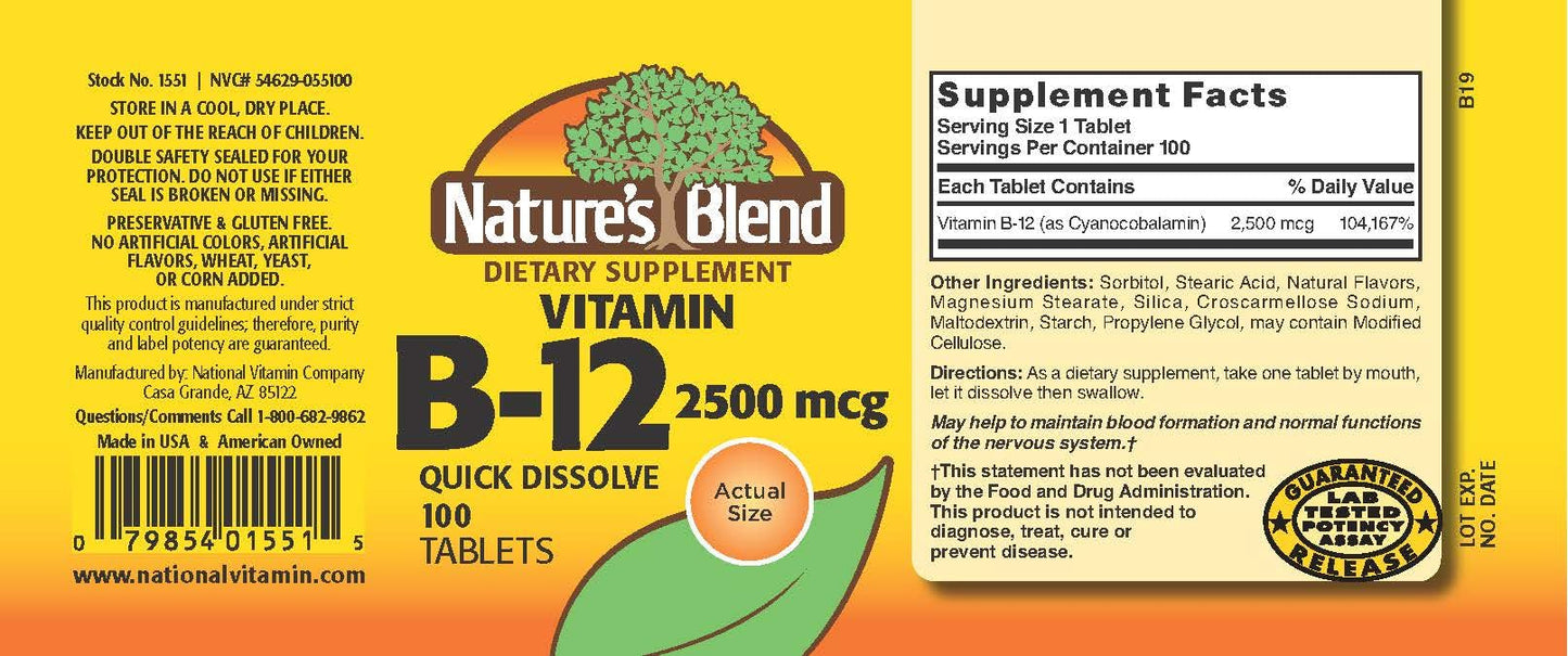 Nature's Blend Vitamin B-12 2500mcg Tablets, 100 Count