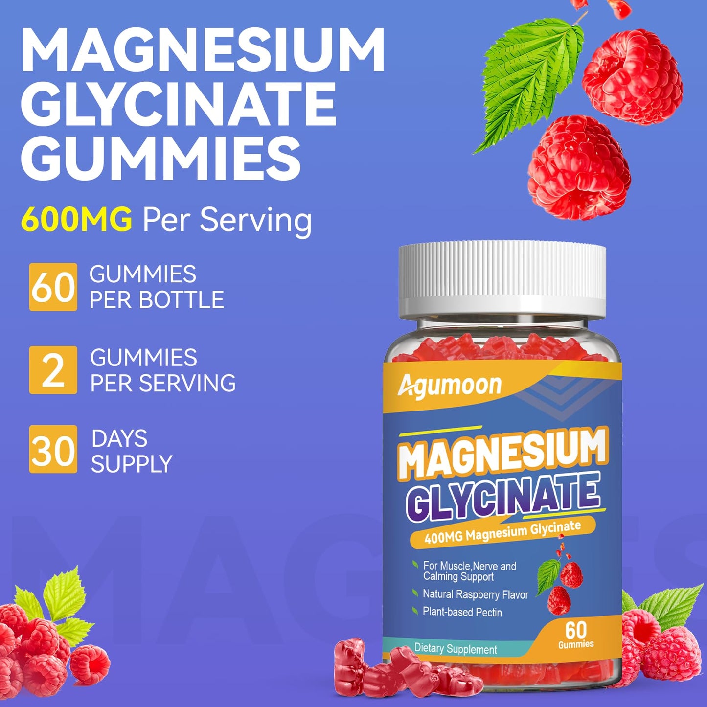 Agumoon Magnesium Glycinate Gummies with L-Threonate, 400mg Magnesium, 200mg L-Threonate, 120 Gummies