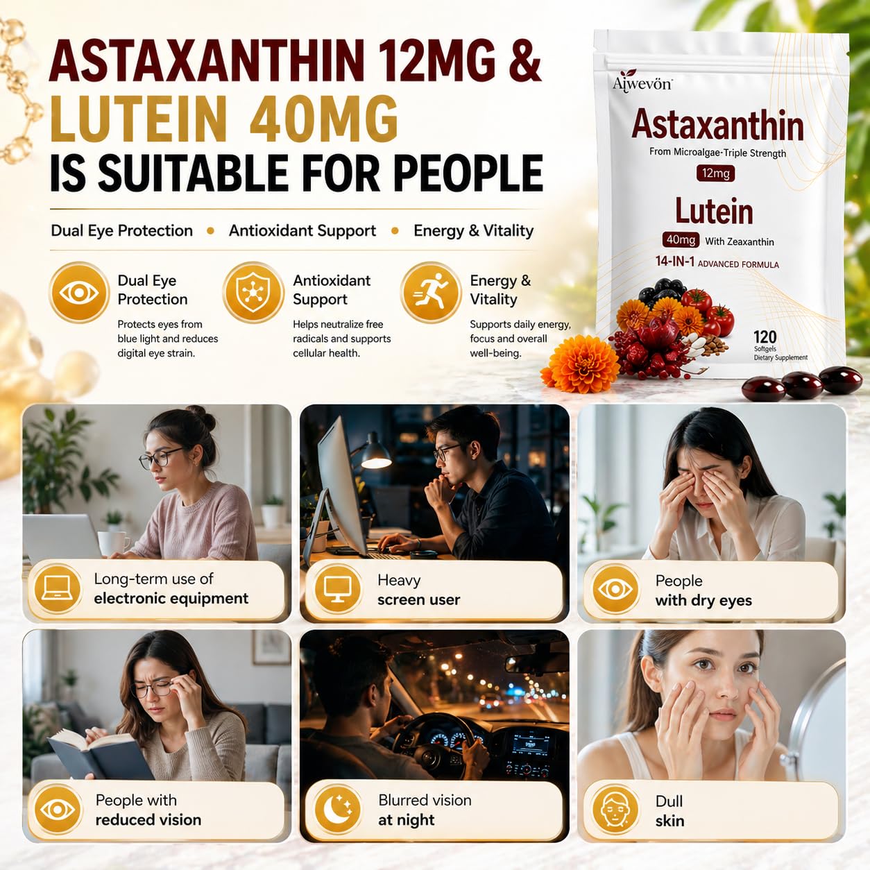 Aiwevon Astaxanthin 14-in-1 with Lutein & Zeaxanthin Softgels, 120 Softgels