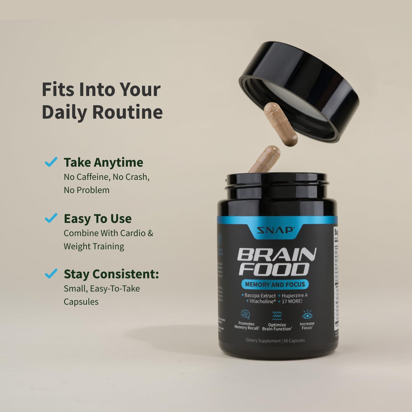 Snap Supplements Brain Booster Nootropics Supplement for Memory, Focus & Clarity, Bacopa Extract, Ginkgo Biloba, 60 Capsules