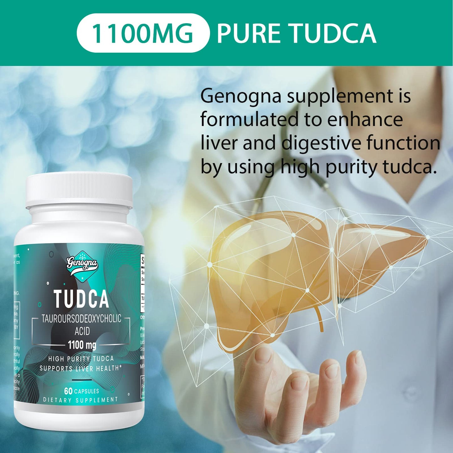 Genogna TUDCA 1100mg Liver Support Detox Capsules, 120 Capsules