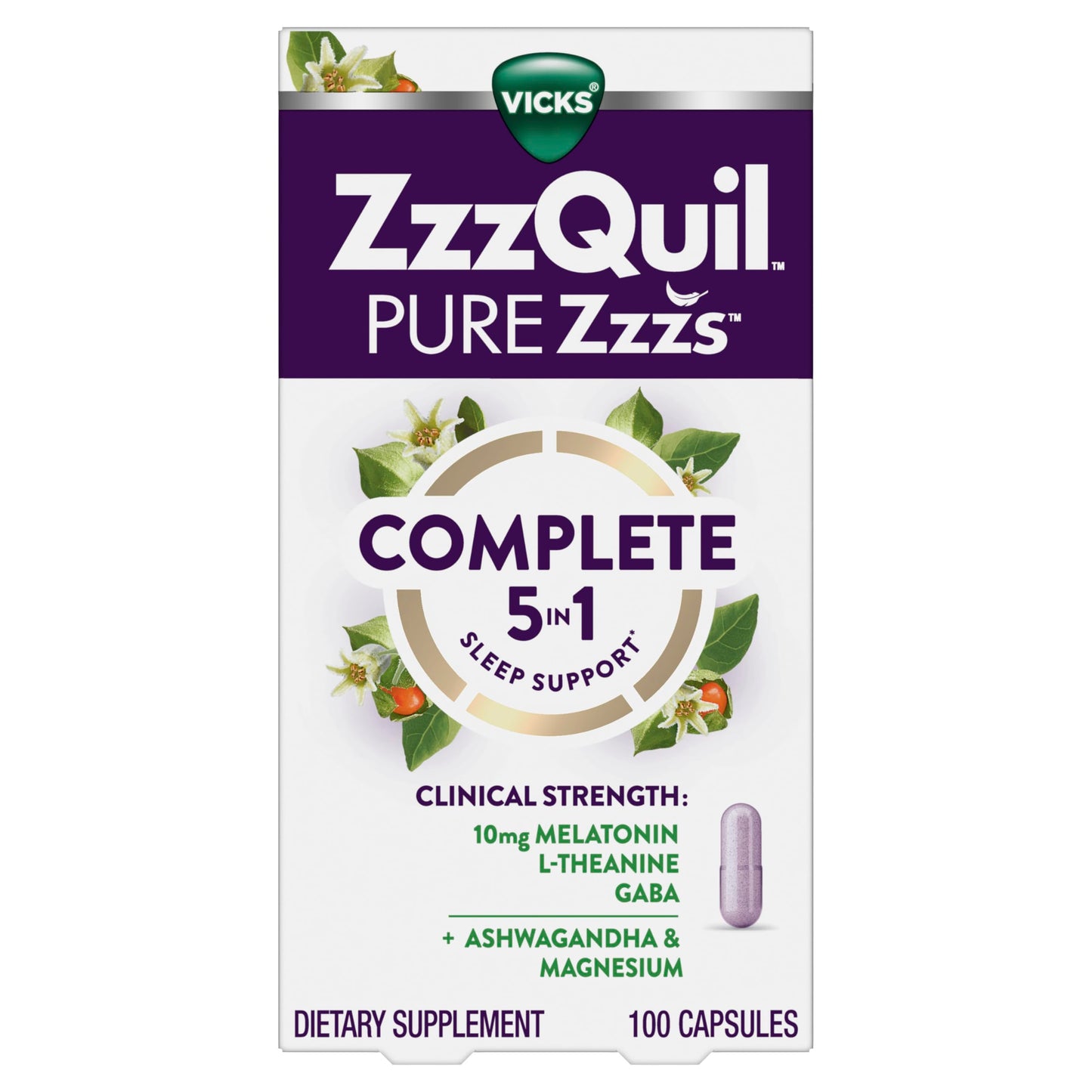 ZzzQuil Pure Zzzs Complete Sleep Melatonin Sleep Aid Capsules, 100 Count