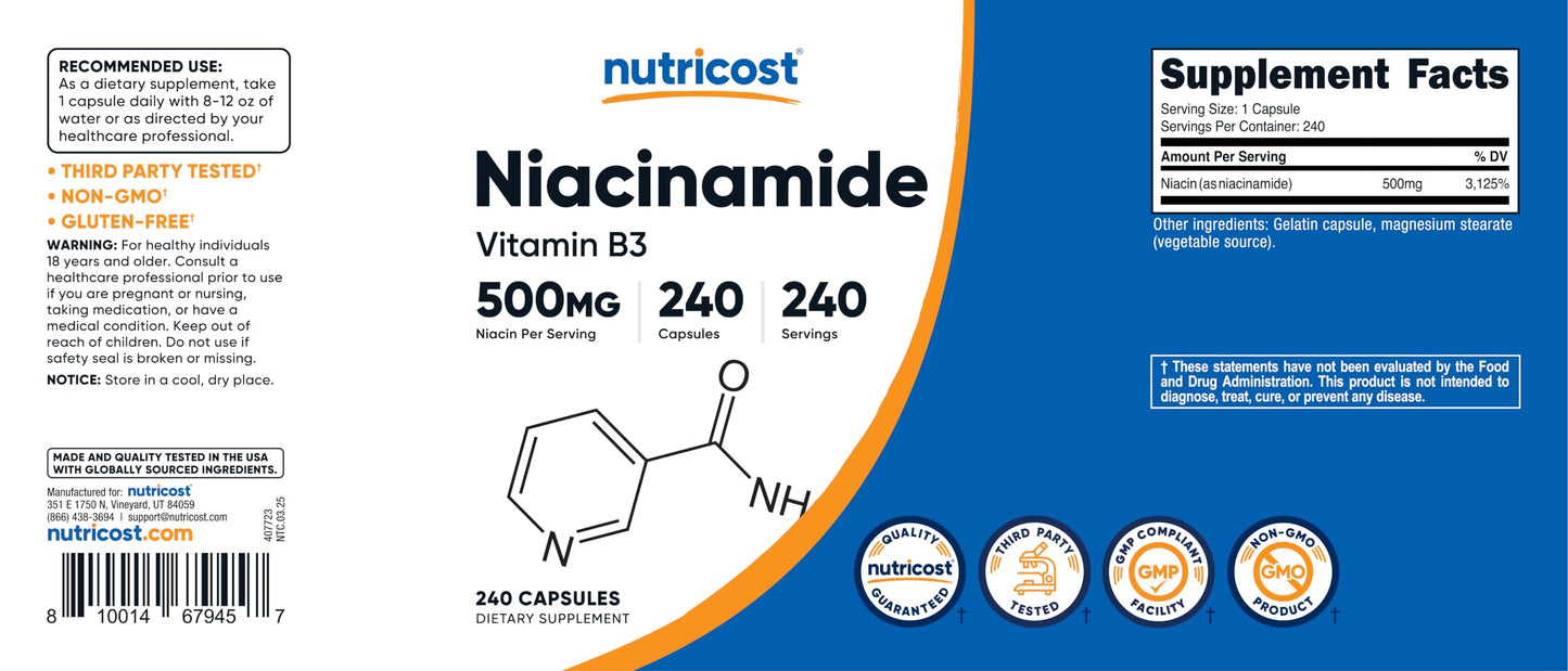 Nutricost Niacinamide (Vitamin B3) 500mg Capsules, 240 Capsules