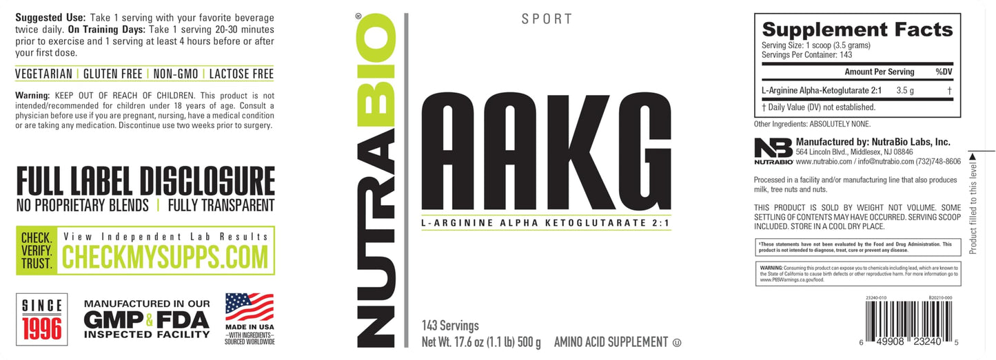 NutraBio Arginine AKG Workout Supplement Powder 17.637