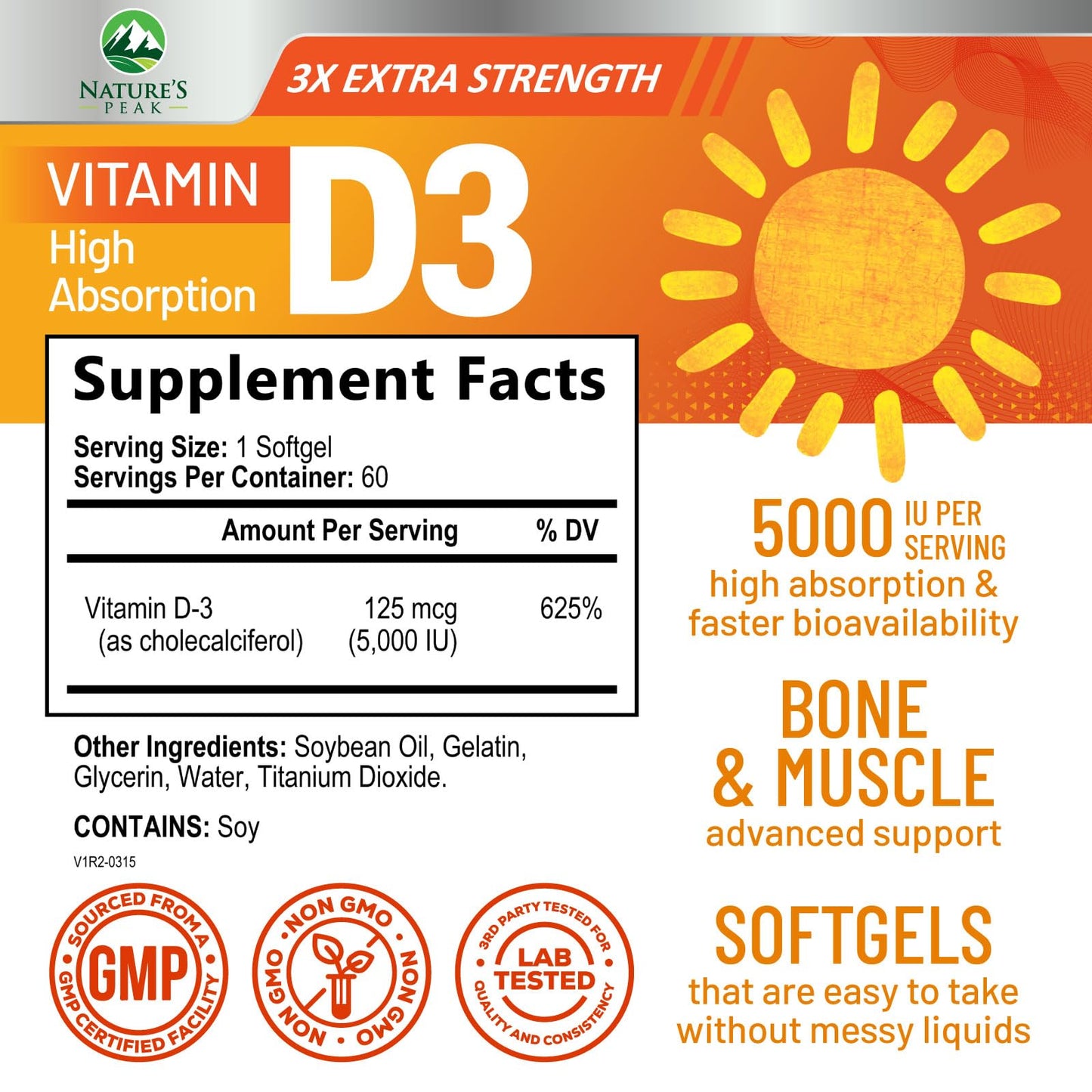 Nature's Peak Vitamin D-3 5000 IU Softgel 60 Count