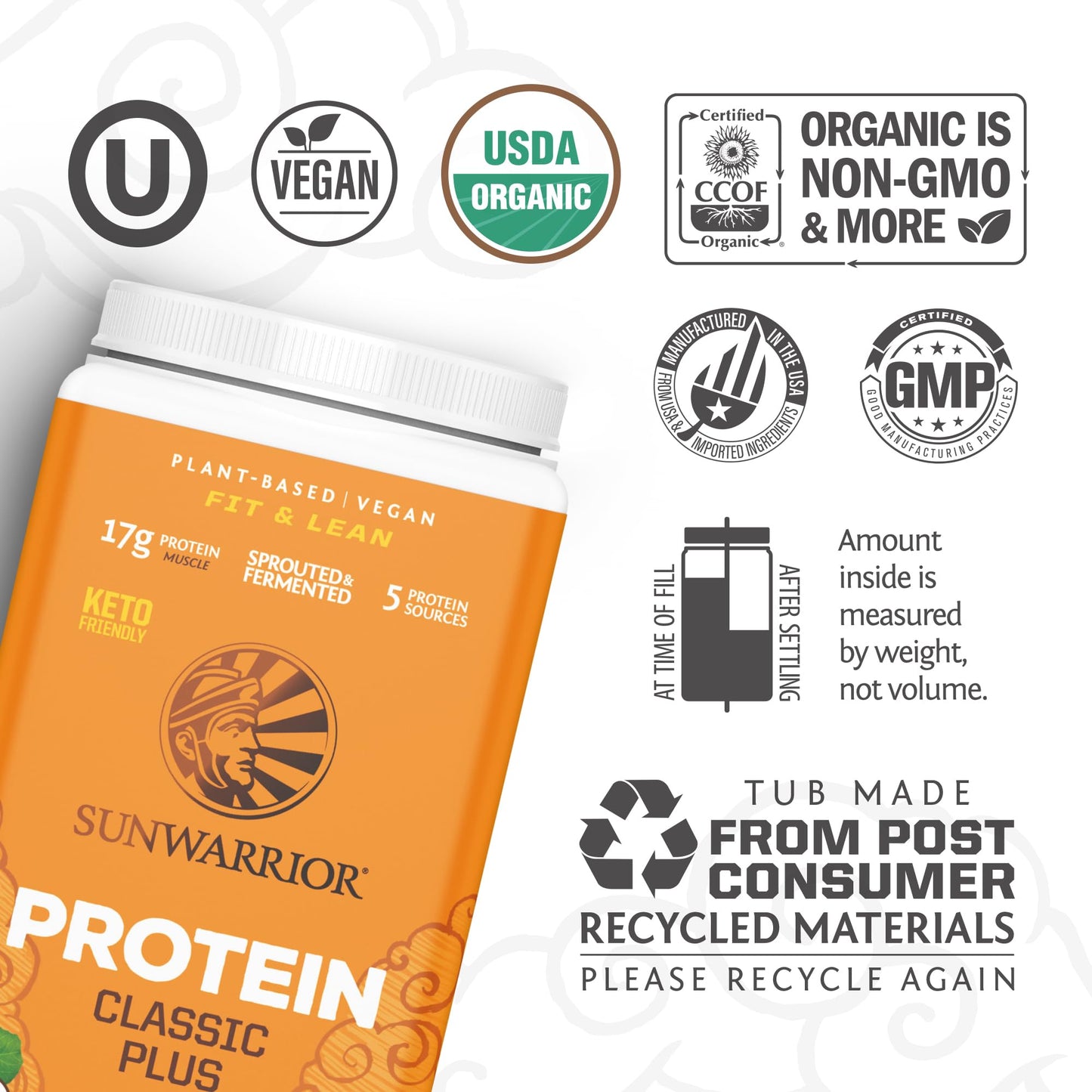 Sunwarrior Classic Plus Vegan Protein Powder with Peas & Brown Rice, Chocolate, 26.4 oz