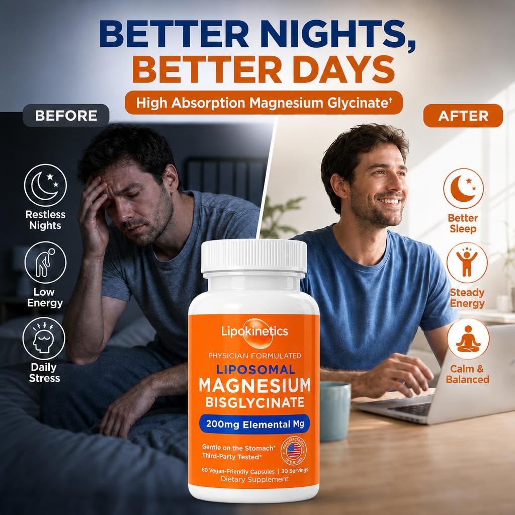 LIPOKINETICS Liposomal Magnesium Bisglycinate 200mg Elemental Mg, High Absorption Magnesium Glycinate, Sleep, Muscle and Stress Support, 60 Vegan Capsules