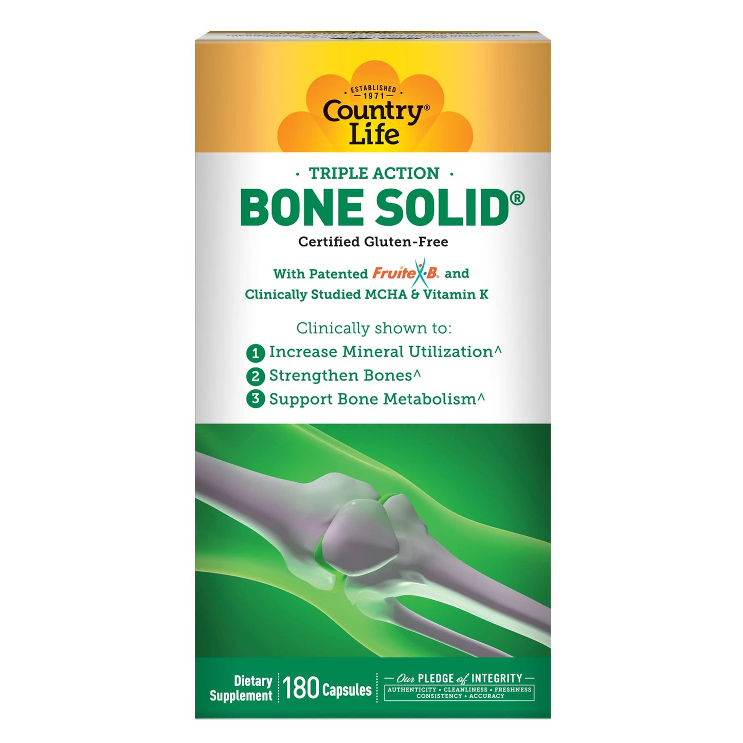 Country Life Bone Solid Capsule - Bone Health Supplement with Microcrystalline Hydroxyapatite (MCHA), Calcium, Magnesium, Zinc, Vitamins K2 & D3 for Enhanced Bone Strength & Metabolism, 180 Capsules