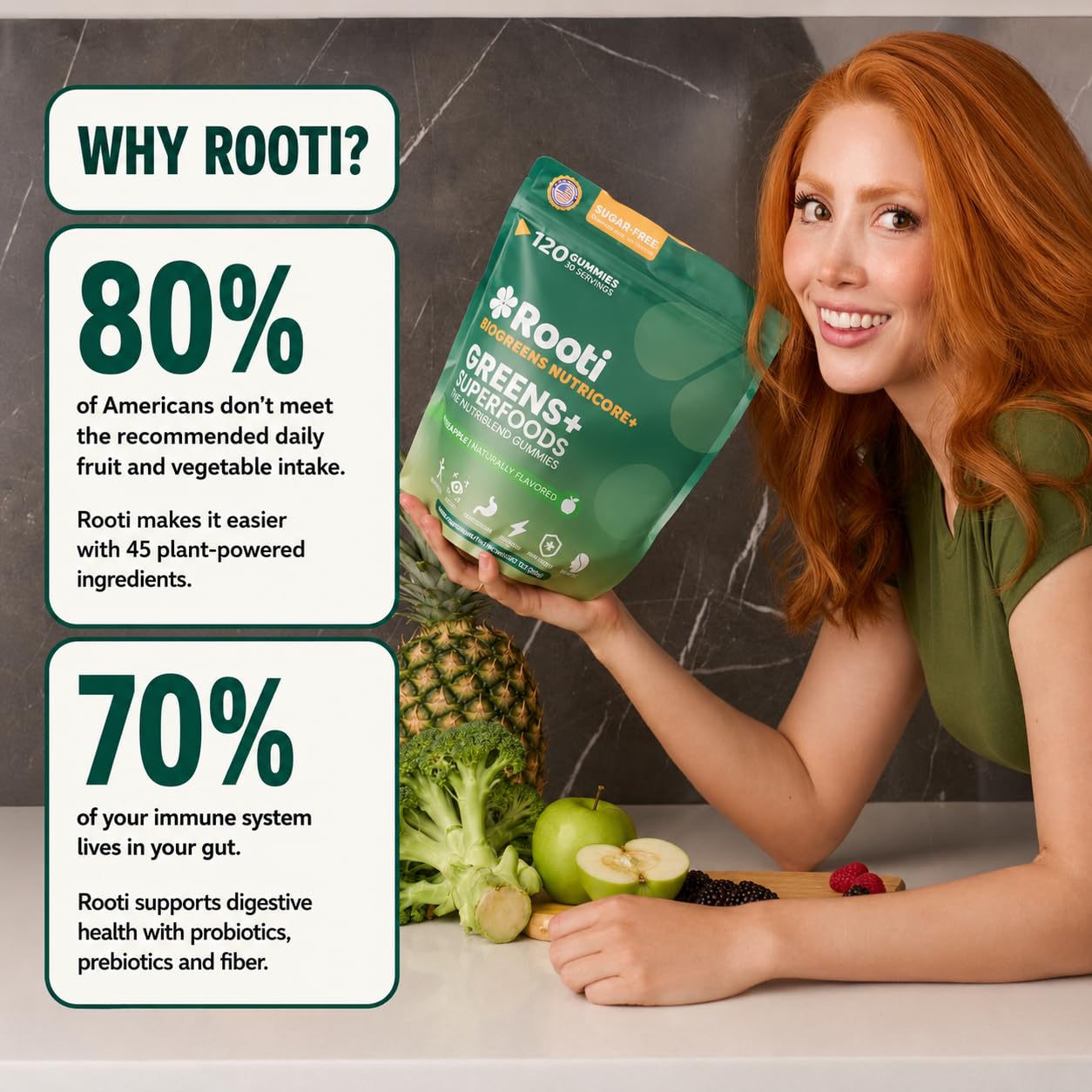 ROOTI Supergreens Multivitamin Gummies - Pre & Probiotics, Gut Health, 120 Gummies
