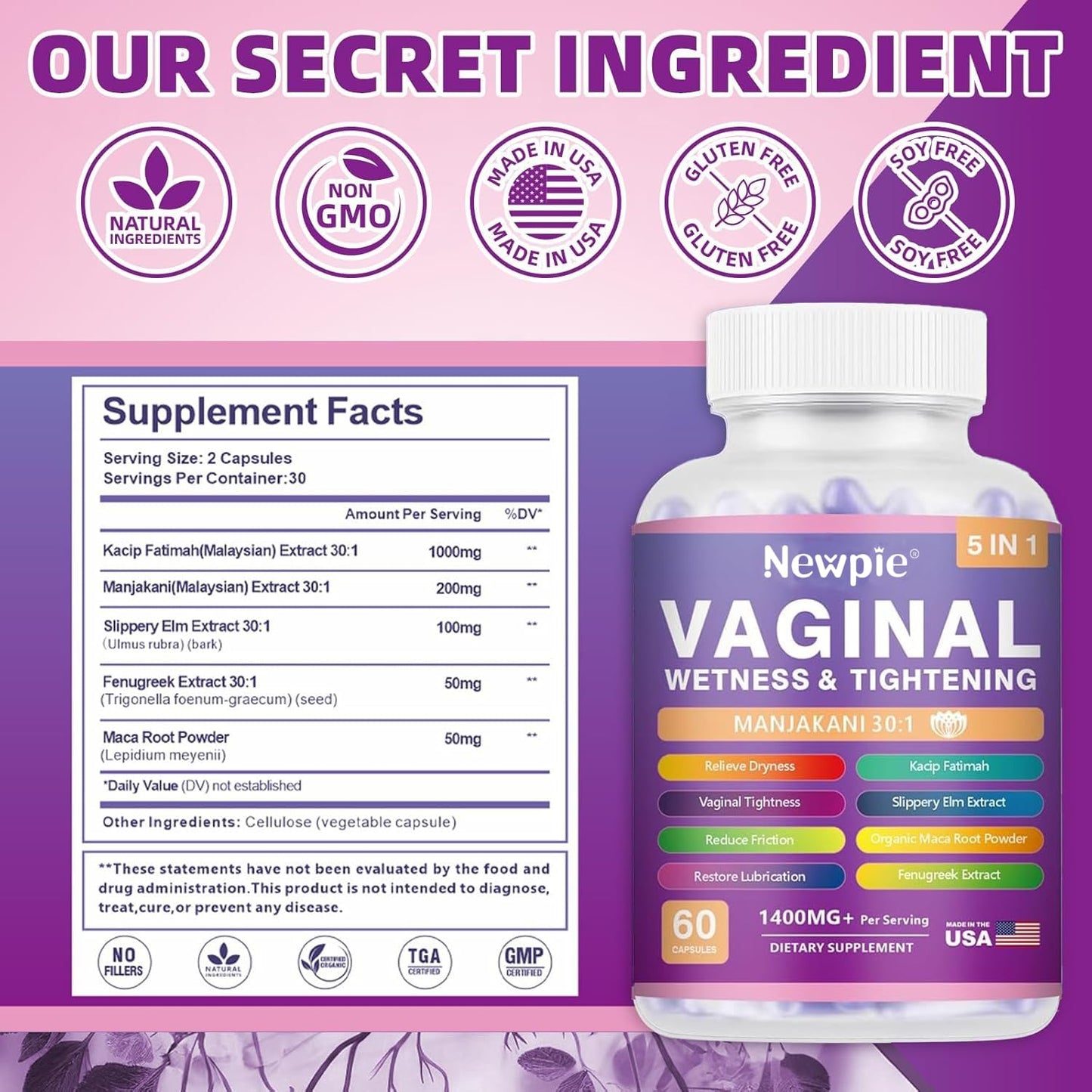 SUWENY Vaginal Moisturizer & Tightening Capsules - Kacip Fatimah 1,000mg & Manjakni 200mg, 60 Count