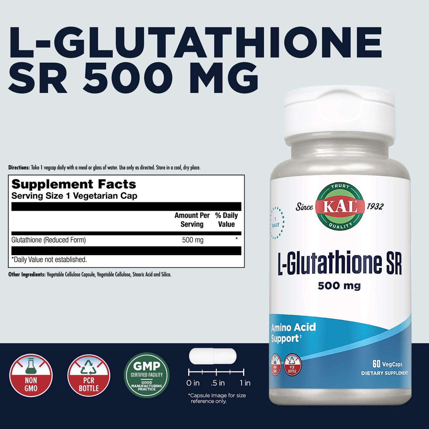 KAL L-Glutathione SR Reduced Glutathione Supplement Capsule, 60 VegCaps