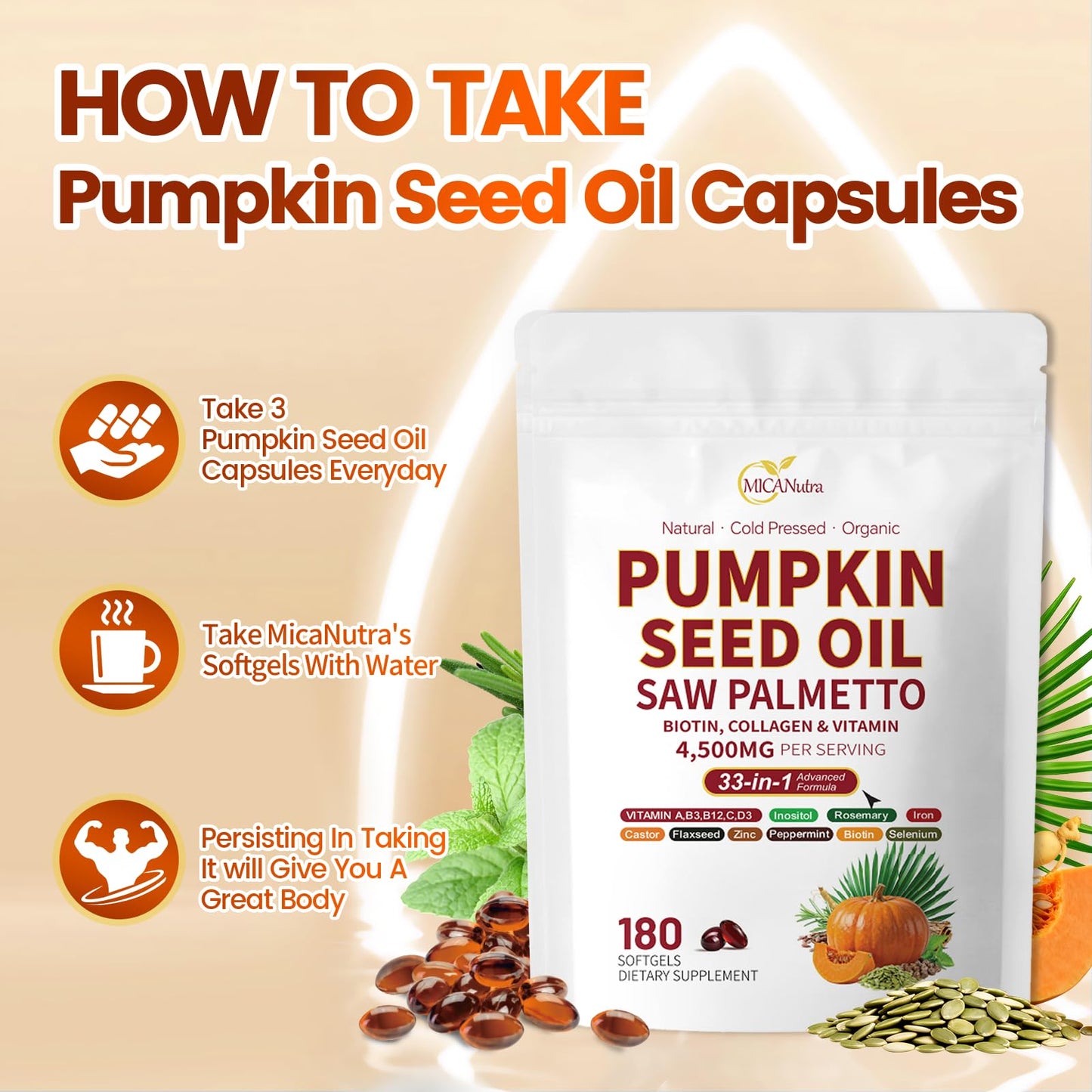 MicaNutra Pumpkin Seed Oil with Saw Palmetto Softgels, 180 Count