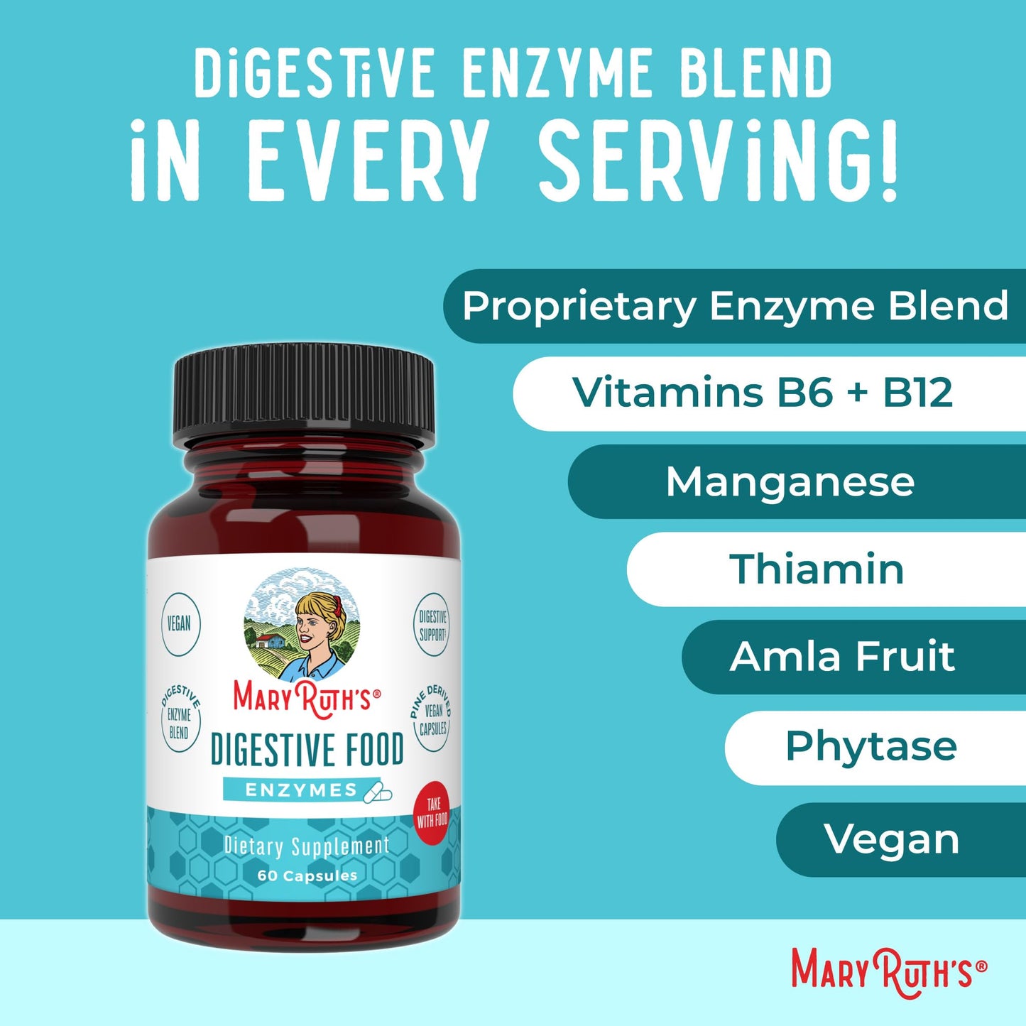 MARYRUTH'S Digestive Food Enzymes for Digestive Support 60 Capsules