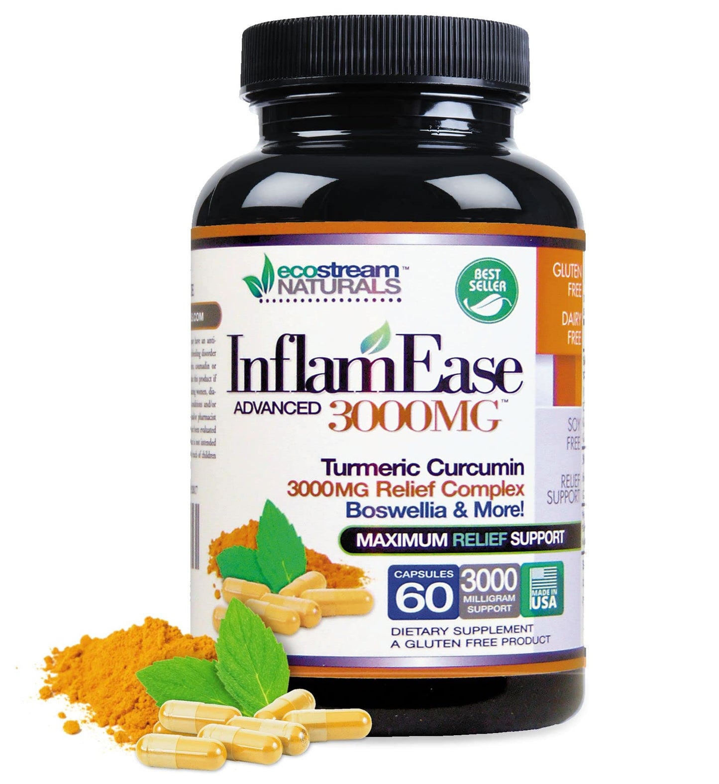 ecostream Naturals InflamEase with Turmeric, Curcumin, Enzymes and Boswellia Capsules, 60 Count