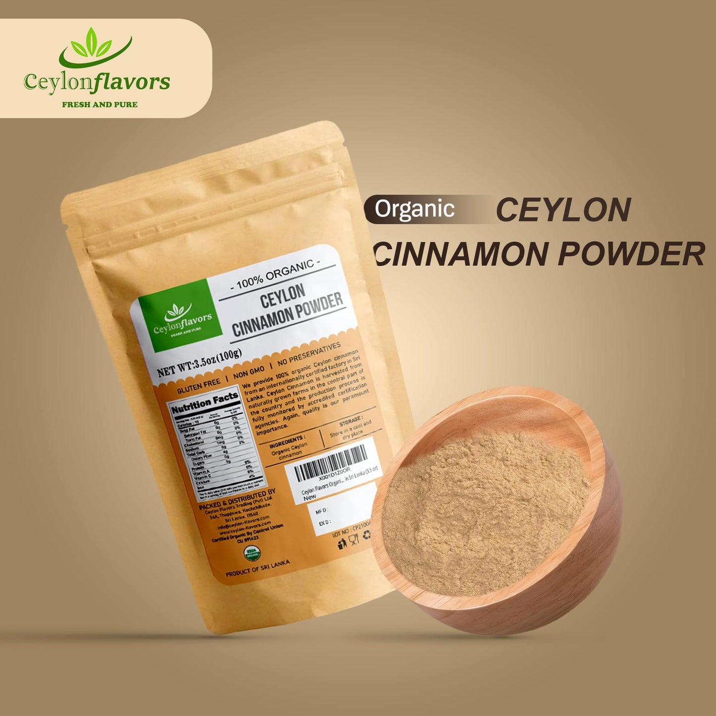 CEYLONFLAVORS FRESH AND PURE Organic Ceylon Cinnamon Powder, 3.5 oz