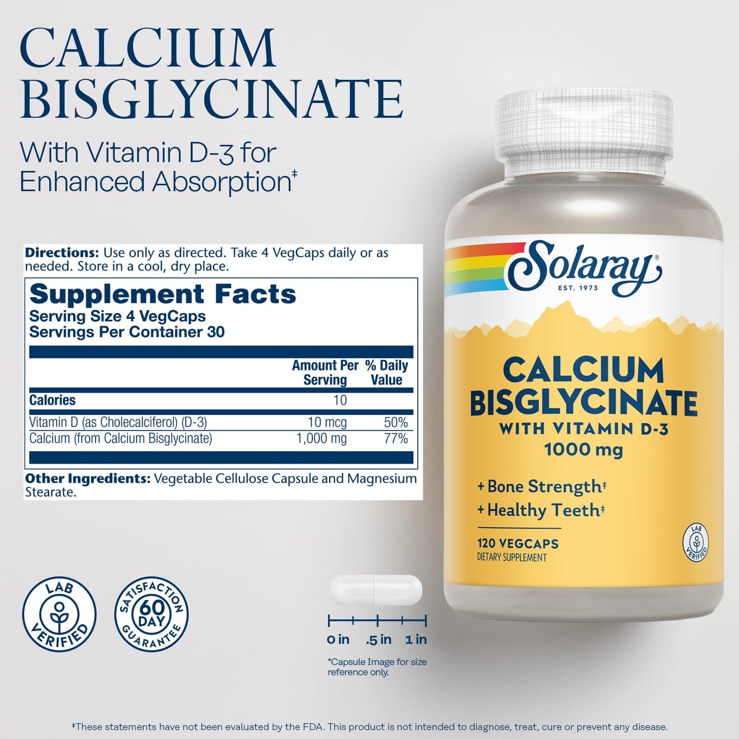 Solaray Calcium Bisglycinate Supplement 1000mg Capsules, 120 Count