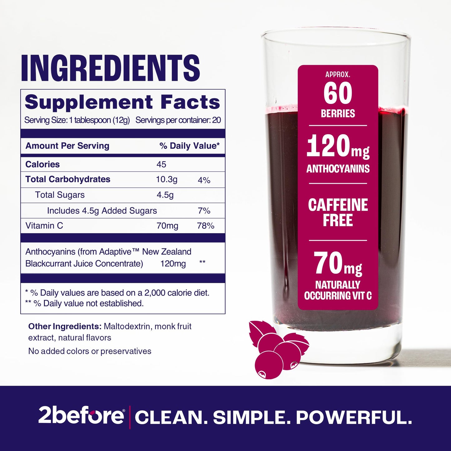 2before Blackcurrant All Natural Vegan Pre Workout, Caffeine Free Powder, 8.4 Ounce