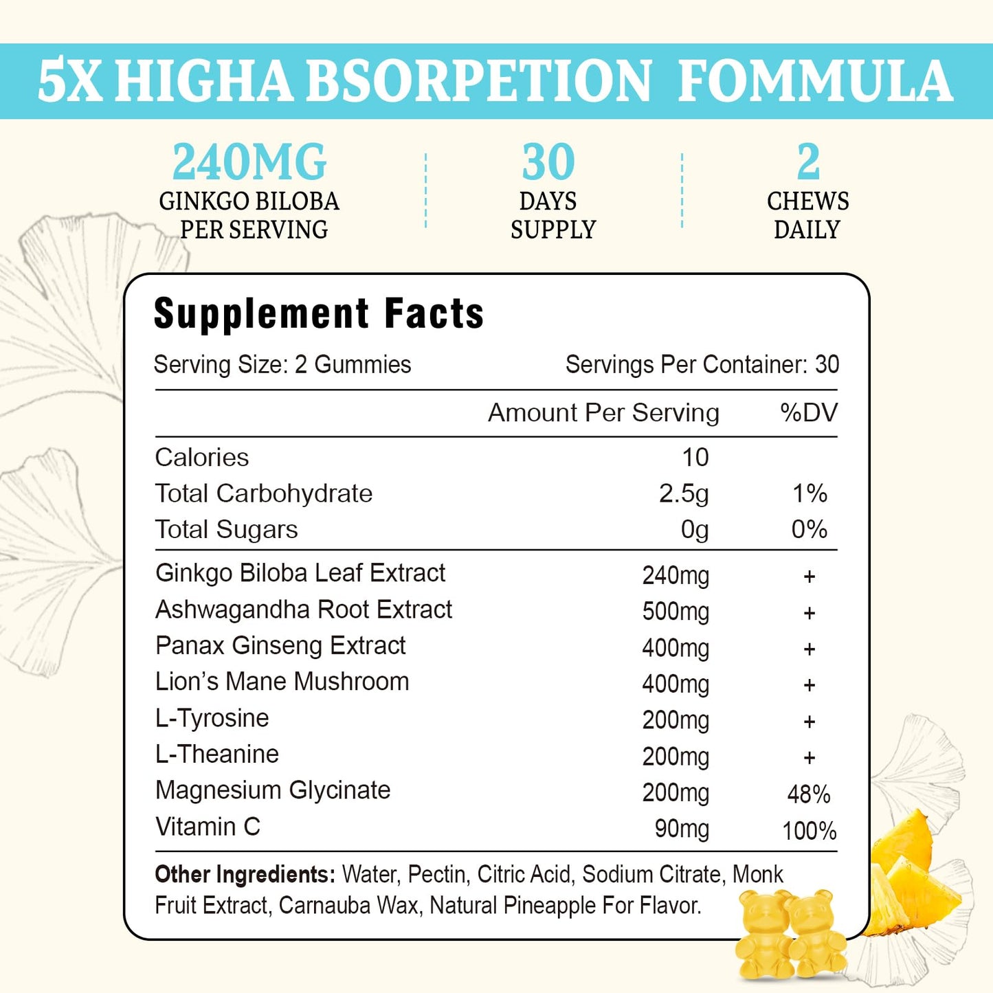 Vazatisi Ginkgo Biloba Gummies 240MG, 120 Gummies