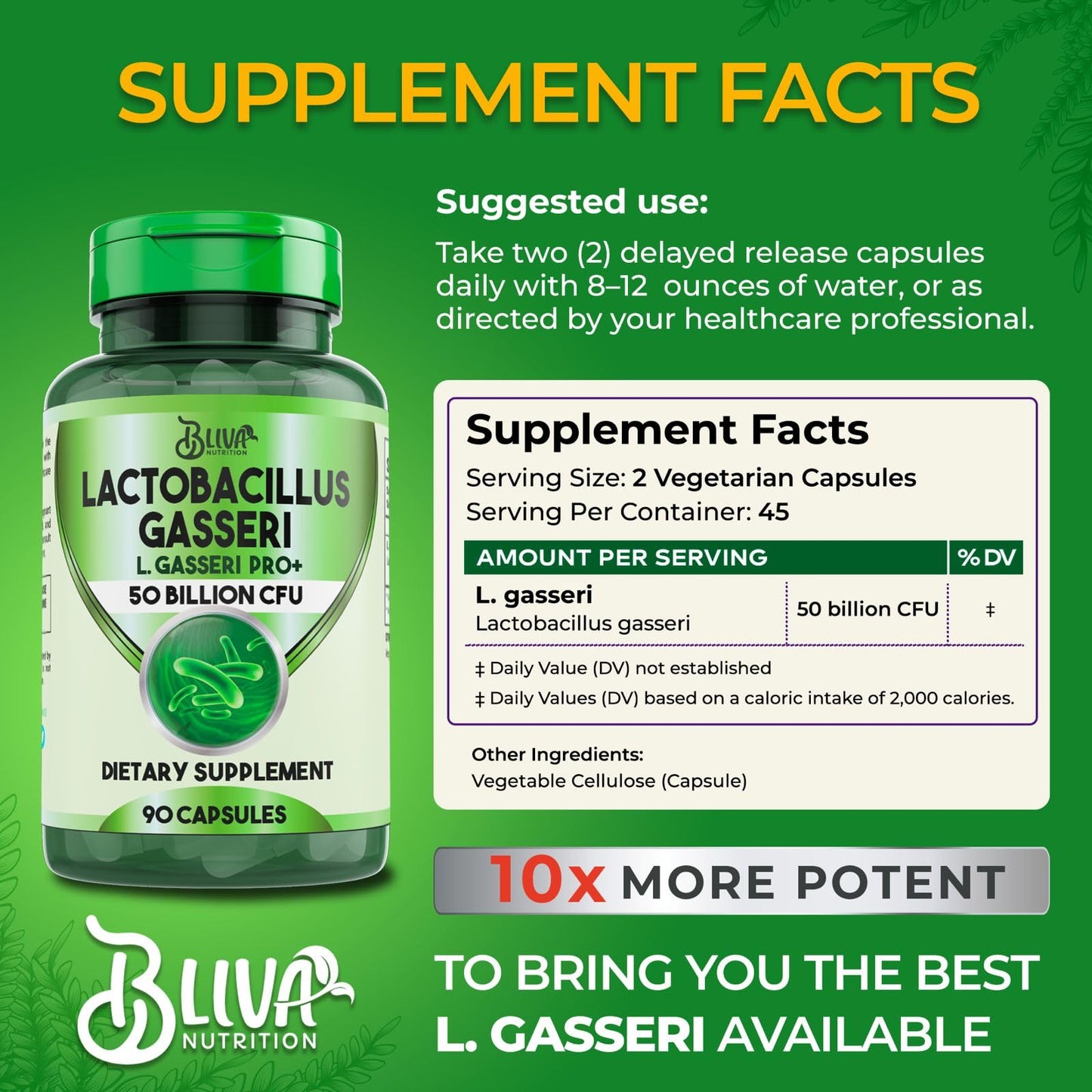 BLIVA NUTRITION Lactobacillus Gasseri Capsules - 50 Billion CFU per Serving - 90 Capsules