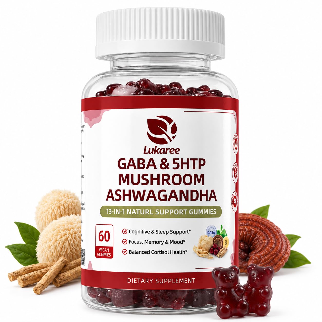 Lukaree Mushroom & GABA Supplement for Restful Sleep, Mood & Cognitive Gummies, 60