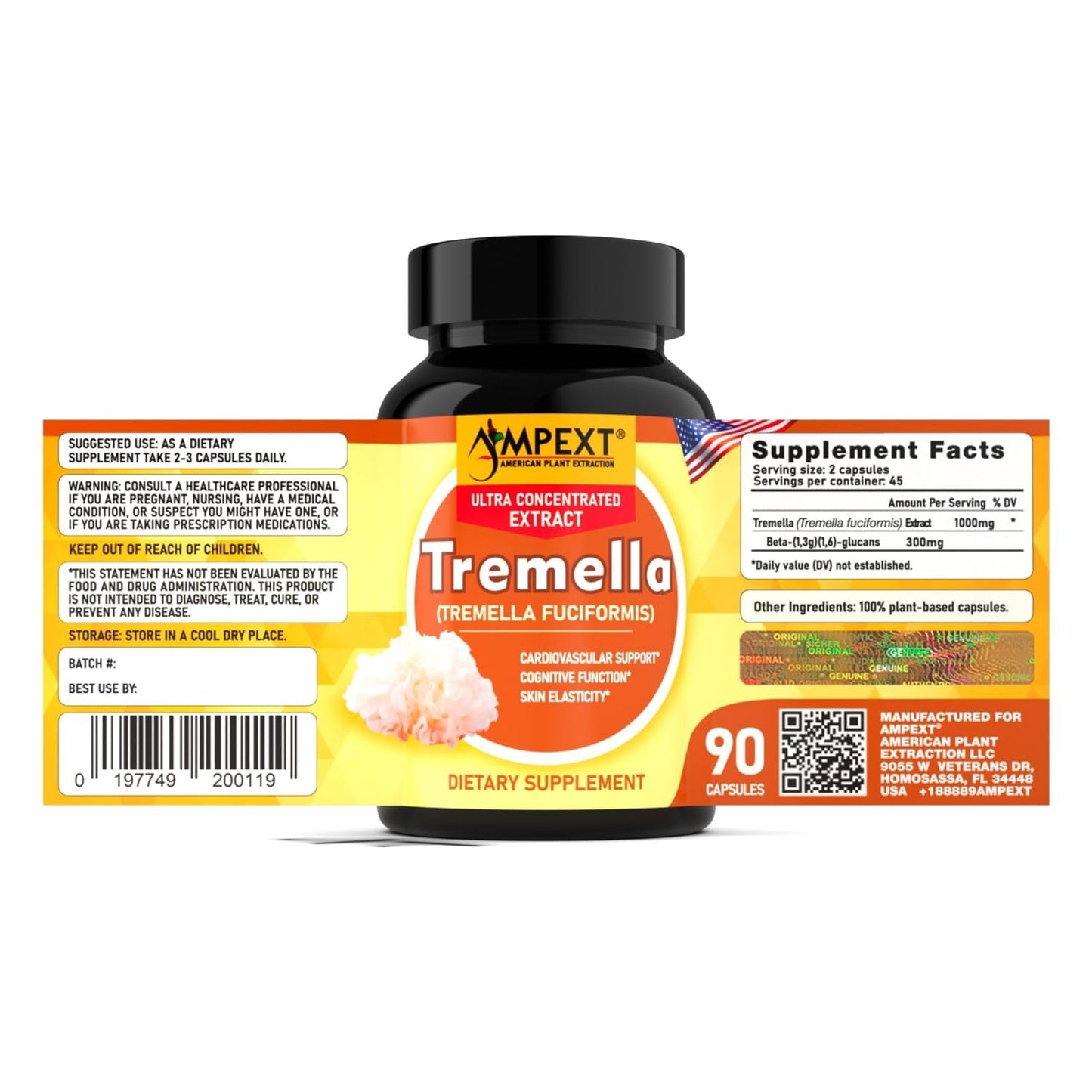 AMPEXT Tremella Mushroom Extract Capsules, 90 Count
