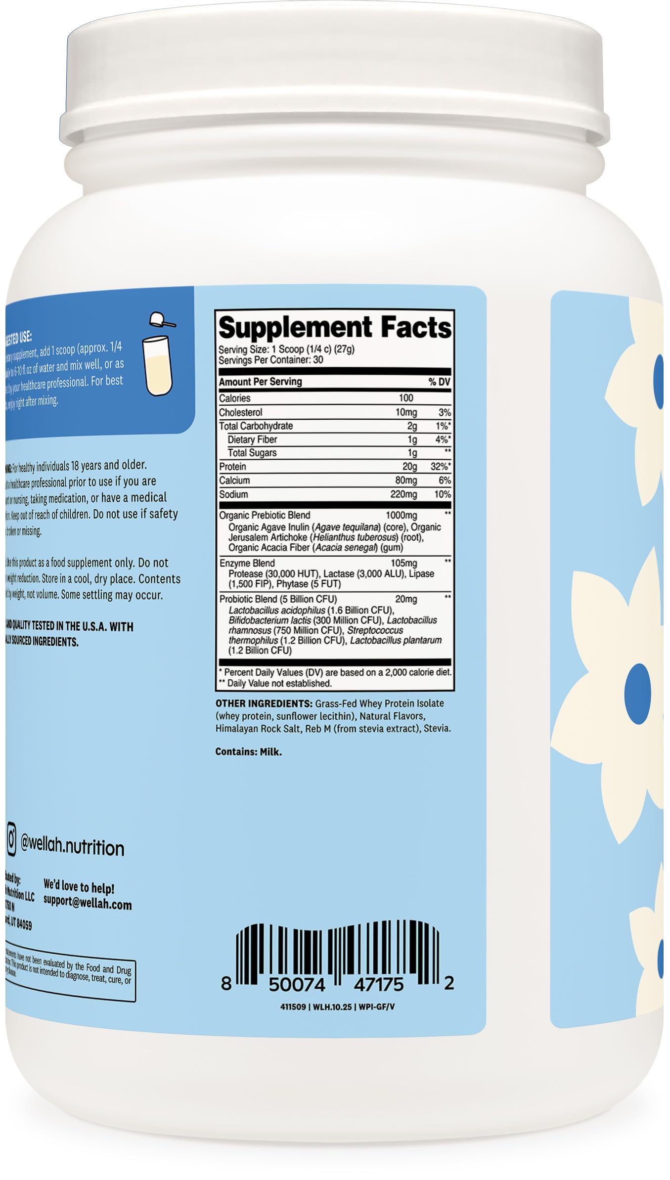 Wellah Grass-Fed Whey Protein Isolate Powder, 28.5 oz