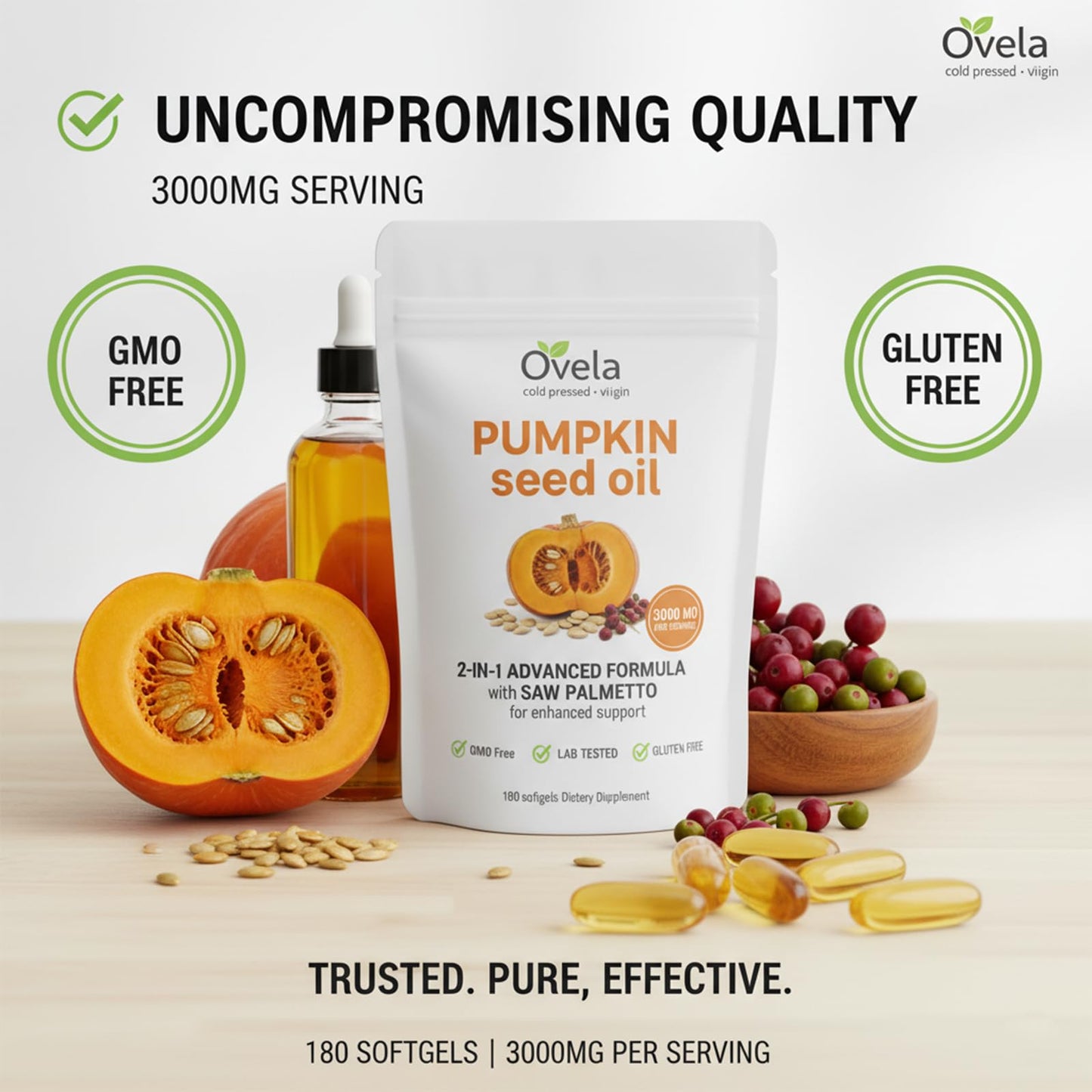 Ovela Pumpkin Seed Oil with Saw Palmetto Softgels, 180