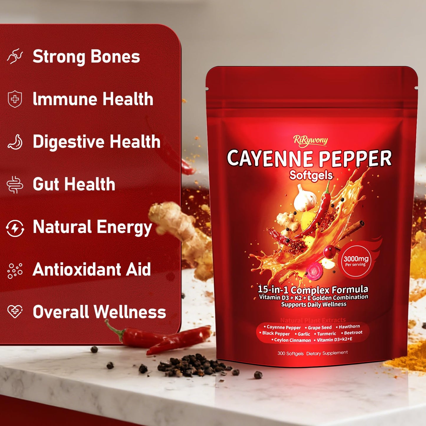 RiRywony Cayenne Pepper Capsules, 300 Capsules