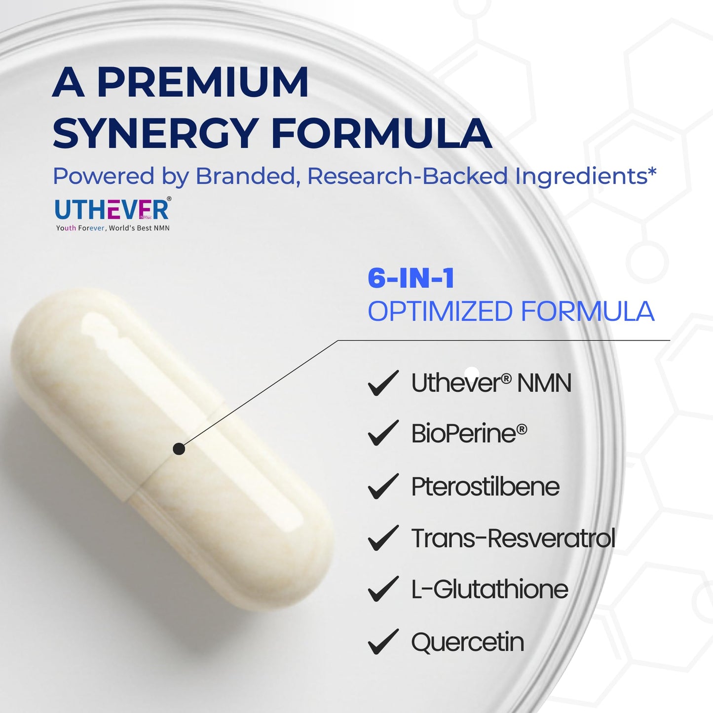 BONE SCIENCE Uthever NMN & Pterostilbene 6-in-1 Complex with Resveratrol, Glutathione & BioPerine - NAD+ Precursor for Healthy Aging & Cellular Energy, 72 Capsules