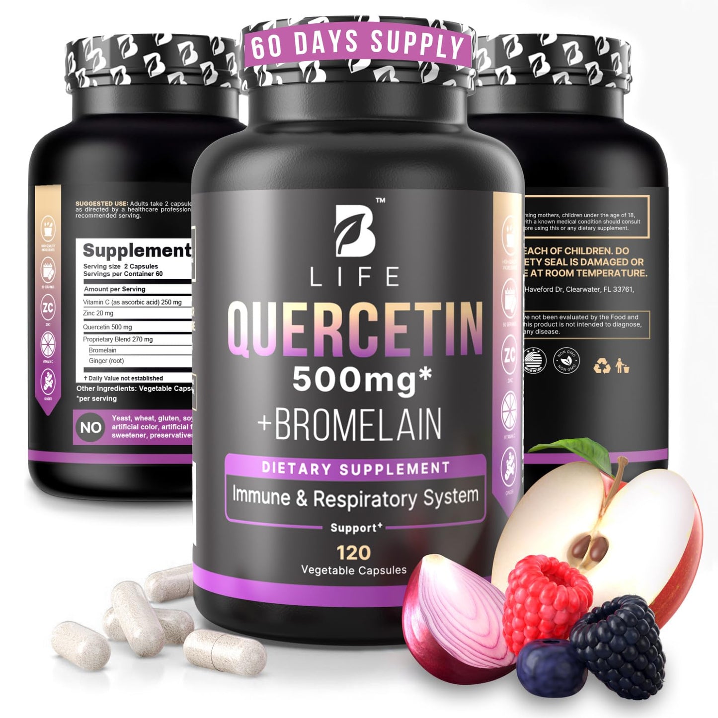B Life Company BLife Quercetin 500mg Capsules with Vitamin C, Zinc & Ginger – Immune & Antioxidant Support – Quercetin with Bromelain – 120 Capsules