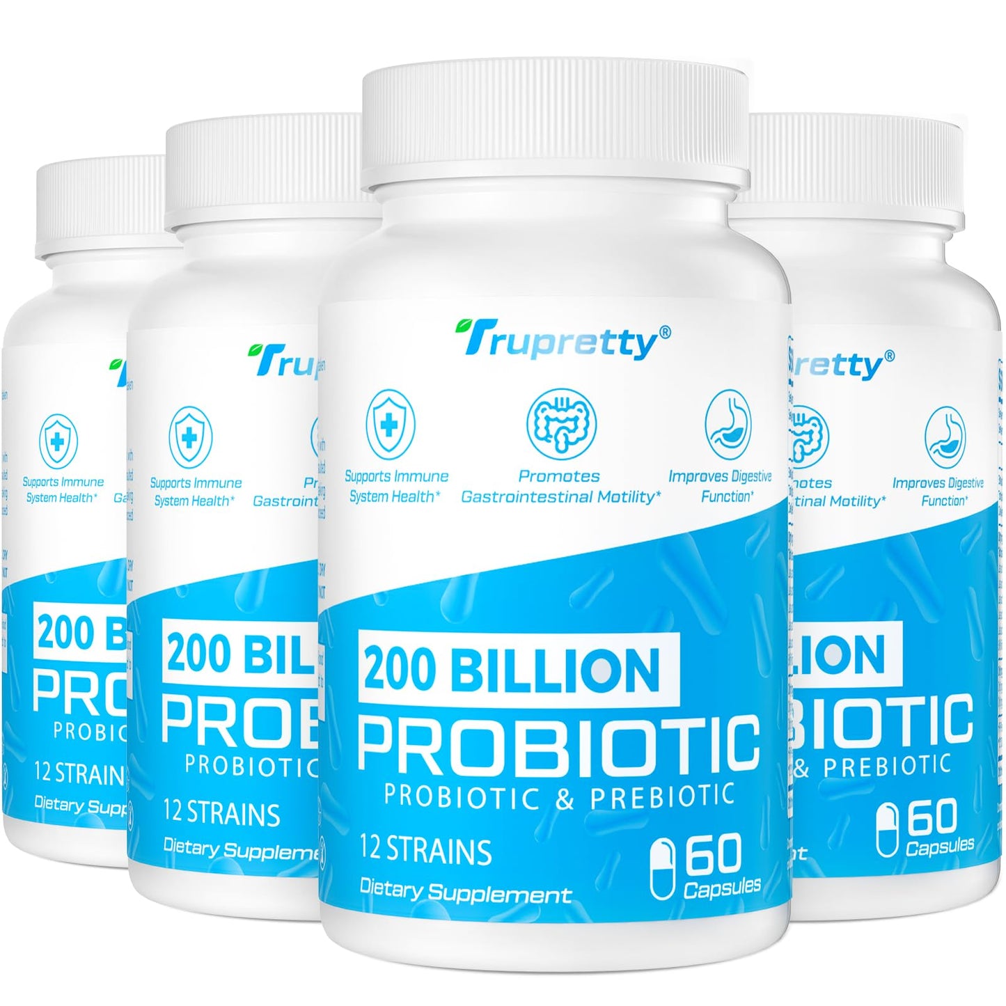 Trupretty Probiotic 200 Billion CFUs, 12 Strains with 3 Organic Prebiotics, 240 Capsules