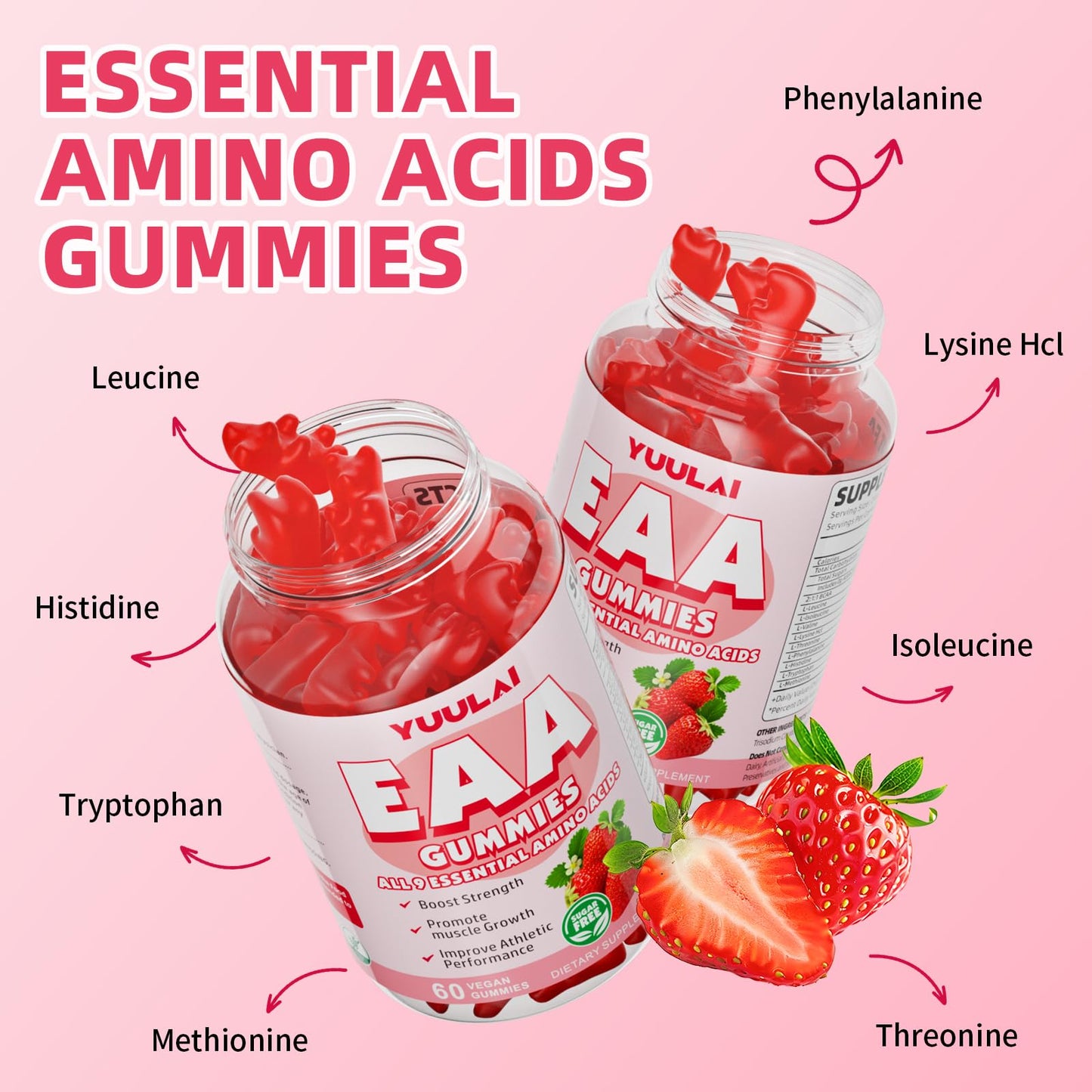 YUULAI EAA Gummies Essential Amino Acids (9 EAA) and BCAAs - Muscle Recovery, Energy Support, Strawberry Flavor, 60 Count