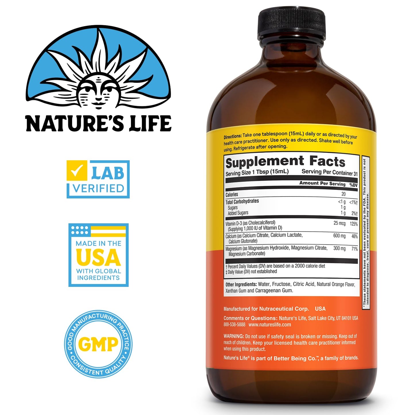 Nature's Life Liquid Calcium Magnesium Supplement with Vitamin D3, 16 FL OZ