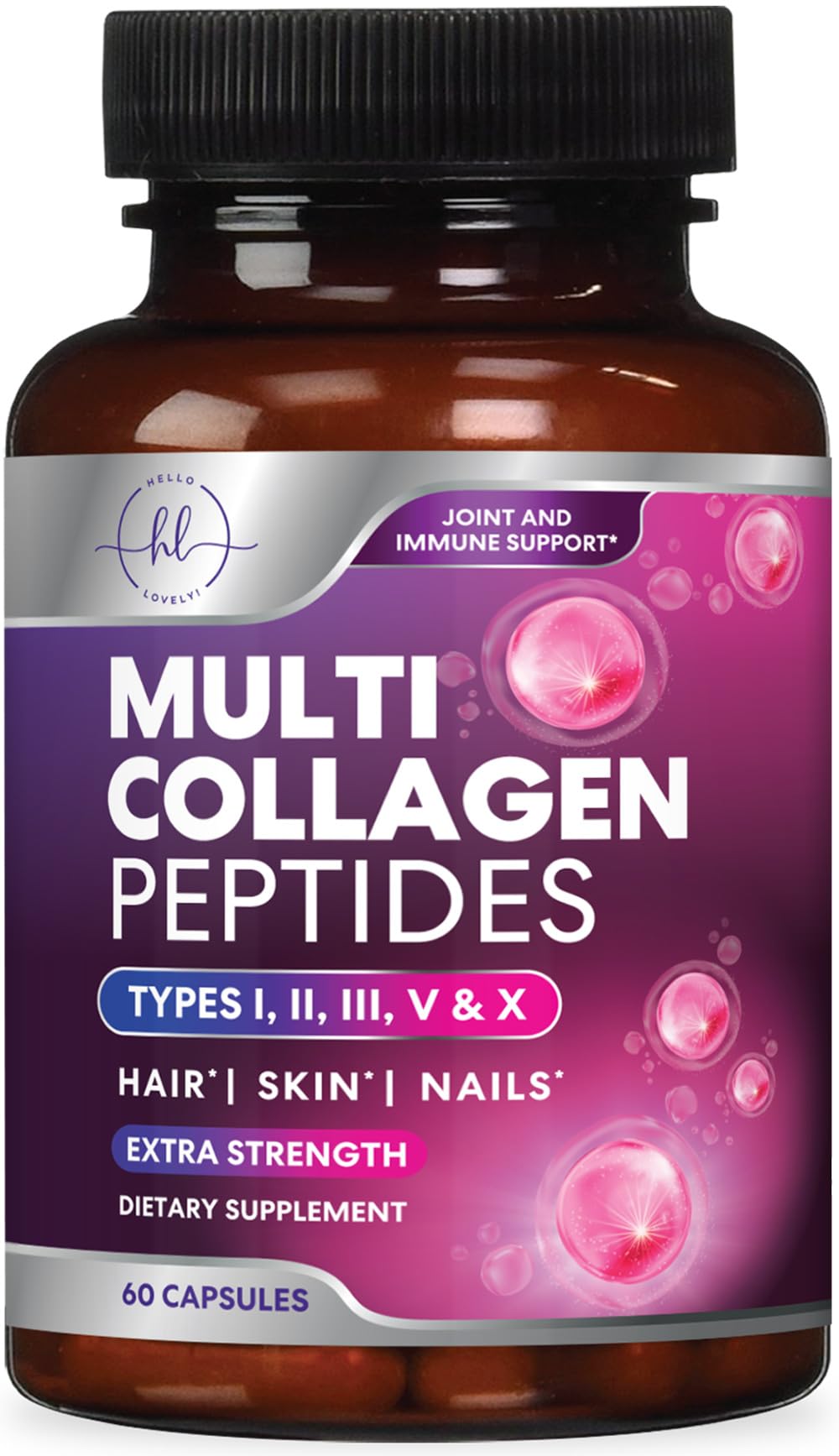 Hello Lovely! Multi Collagen Peptides Hydrolyzed Collagen Types I, II, III, V, X Capsule 60 Count