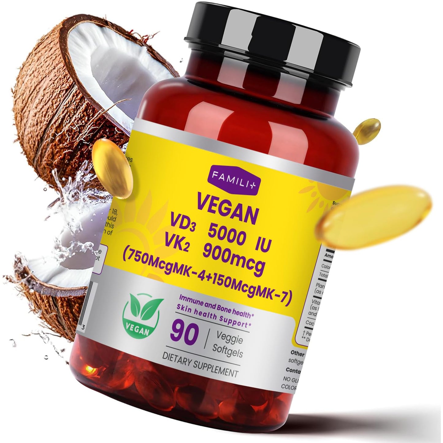FAMILI+ Vitamin D3 + K2 Capsule, 90 Capsules, Vegan
