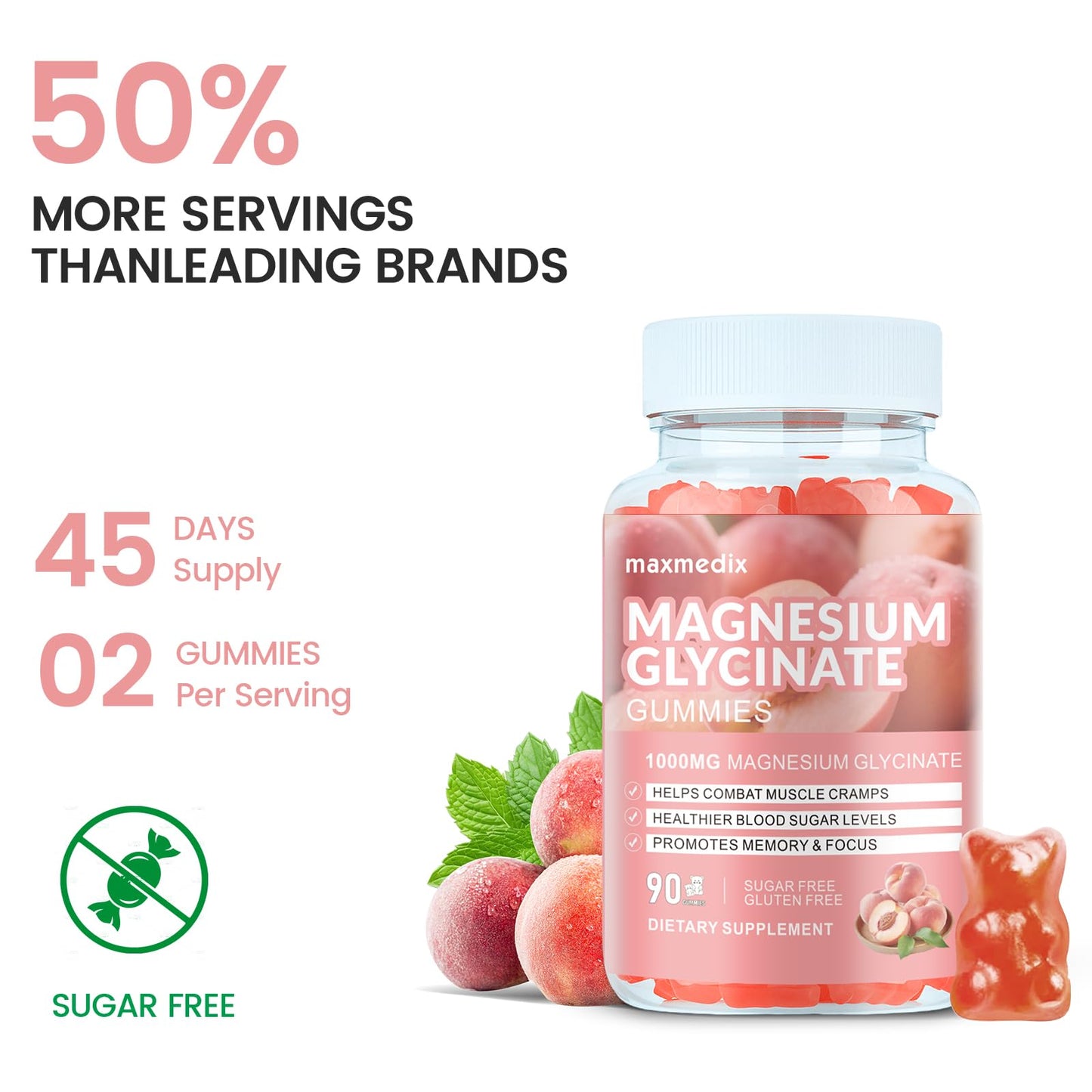 Maxmedix Magnesium Glycinate Gummies 1000mg, Sugar Free Magnesium Potassium Supplements Chewable with L-Threonate for Sleep, Body Support and Relaxation, 90 Gummies