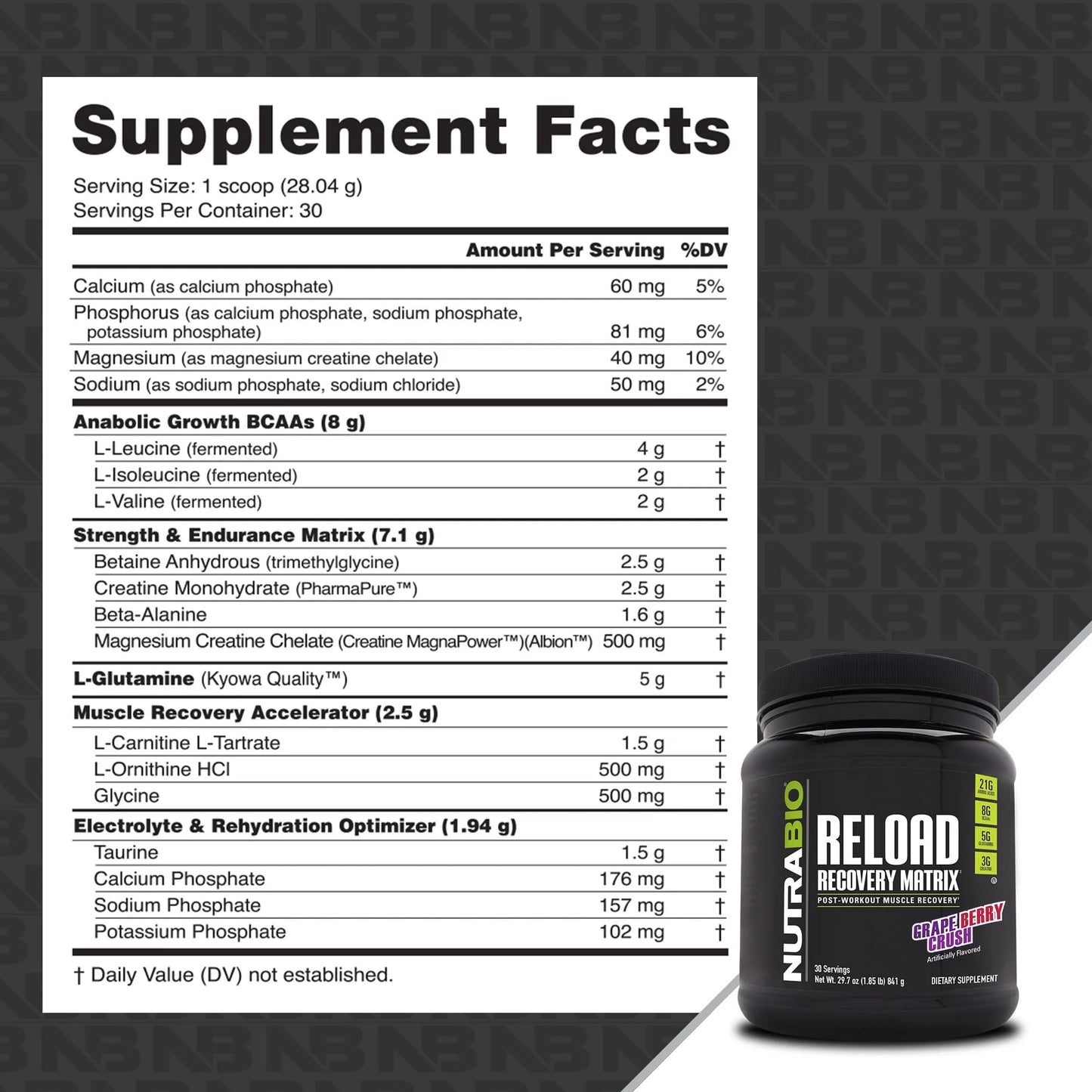 NutraBio Reload Powder 30 Servings - Powerful Muscular Recovery Formula - Post-Workout Supplement - 3G Creatine - 8G BCAAs - 5G Glutamine