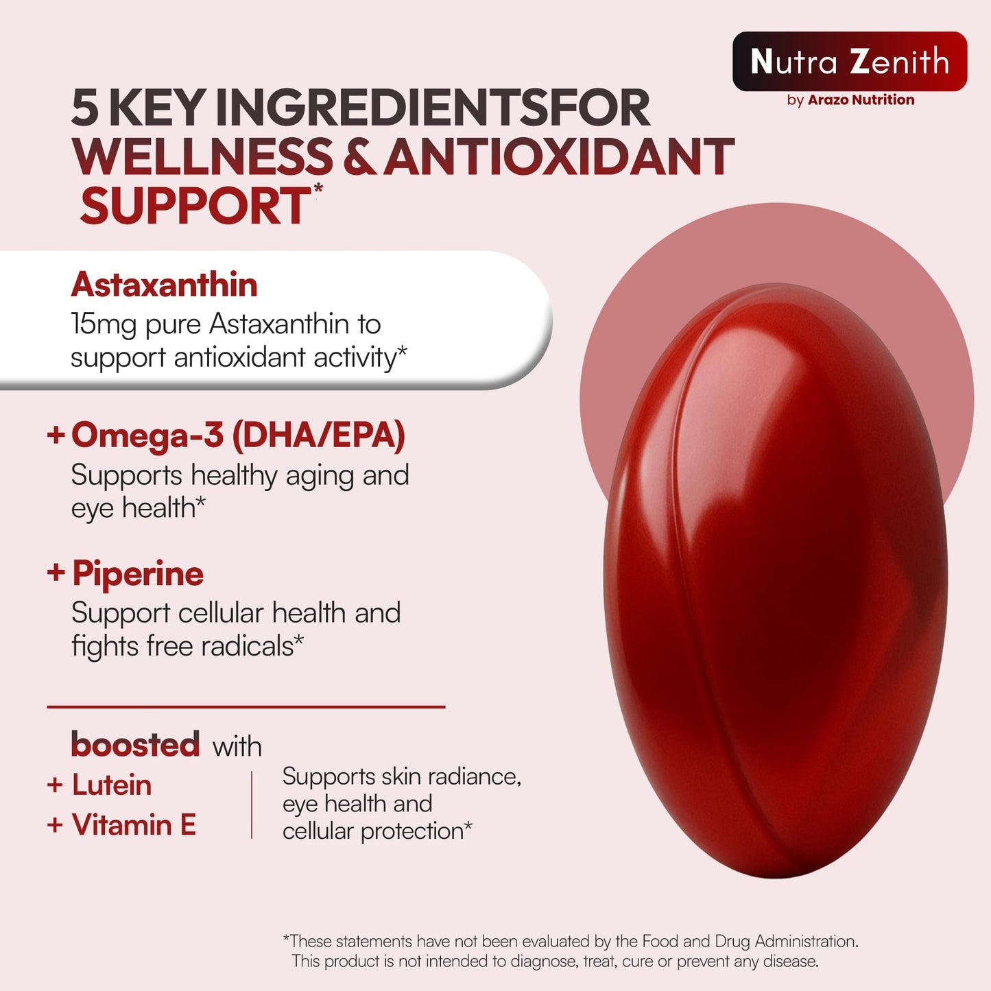 Arazo Nutrition Astaxanthin Supplement with Omega-3, Vitamin E & Lutein, 60 Capsules