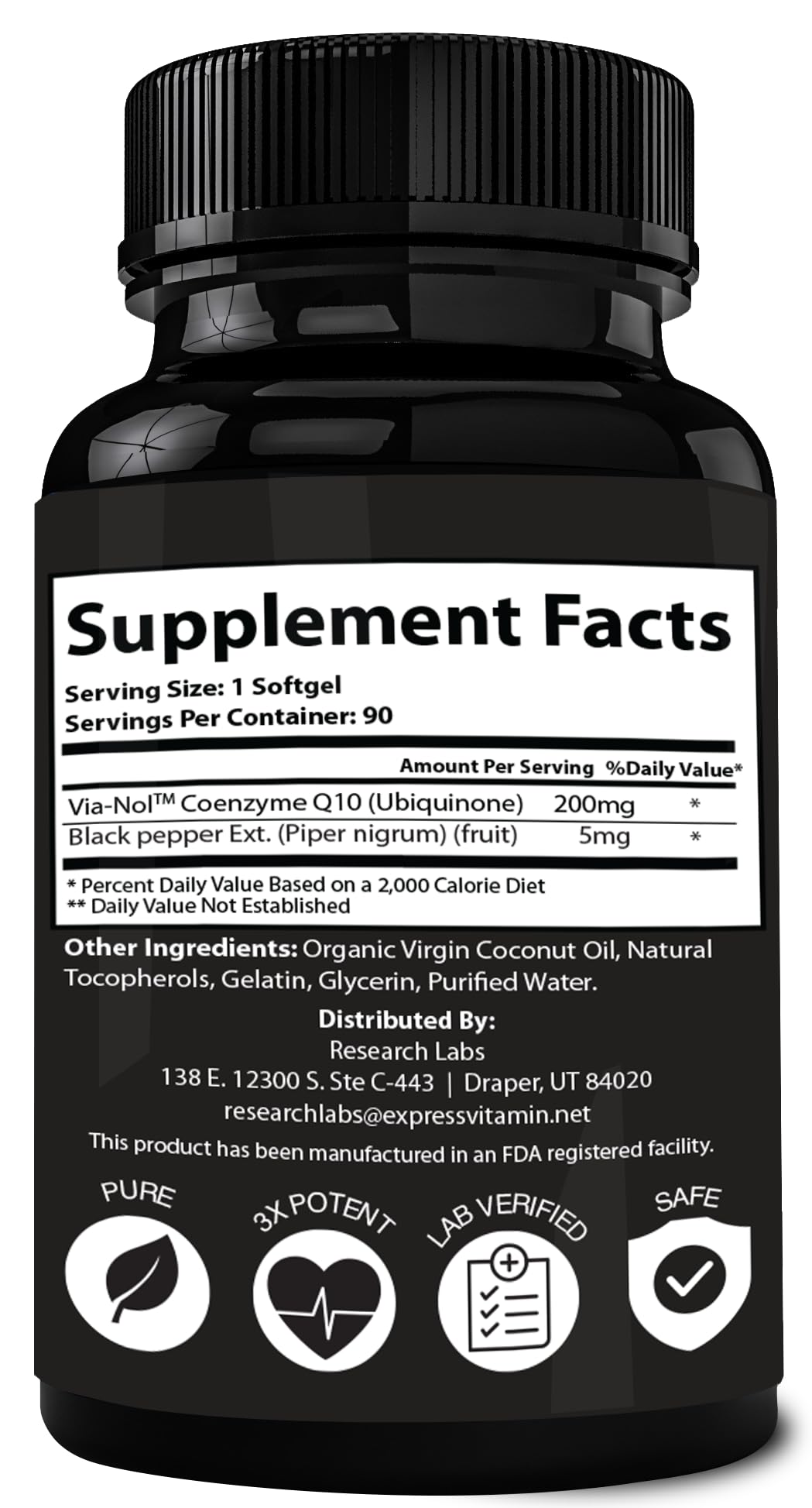 Research Labs Advanced Absorption CoQ10 200mg with Black Pepper Extract Softgels, 90 Count