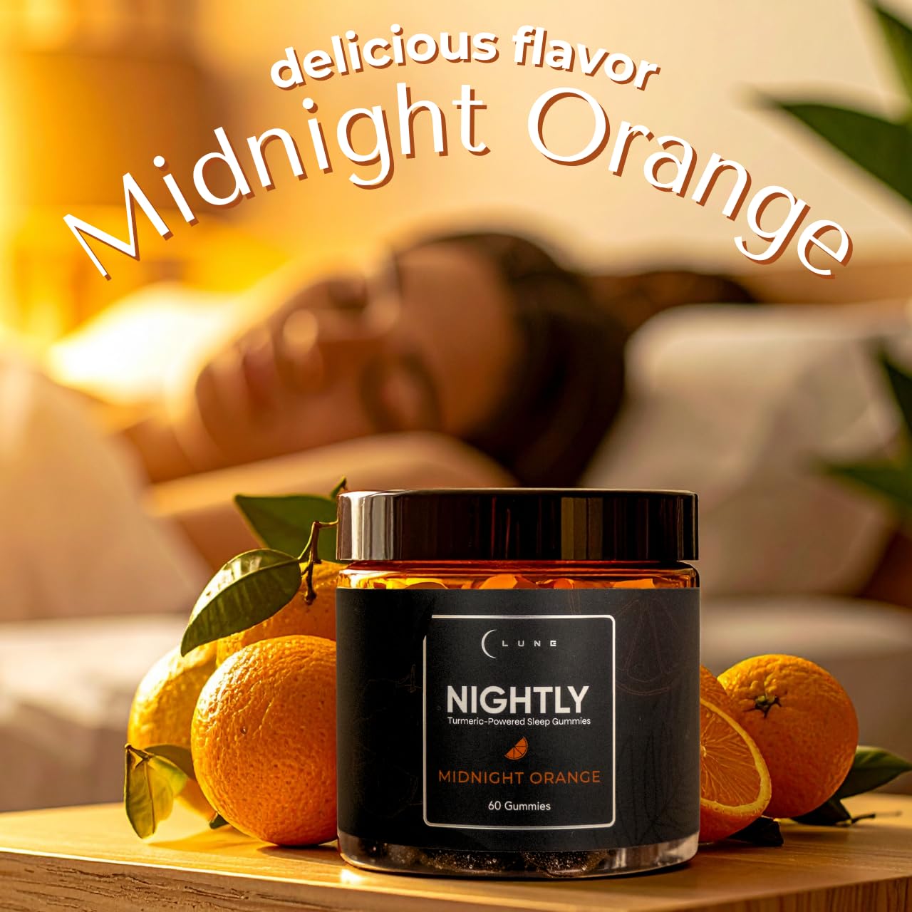 Lune Nightly Extended Release Sleep Gummies - 2mg Melatonin with 5-HTP, Valerian Root & Turmeric - All Night Sleep Support, Blood Orange Flavor, 100% Vegan, 1 Count
