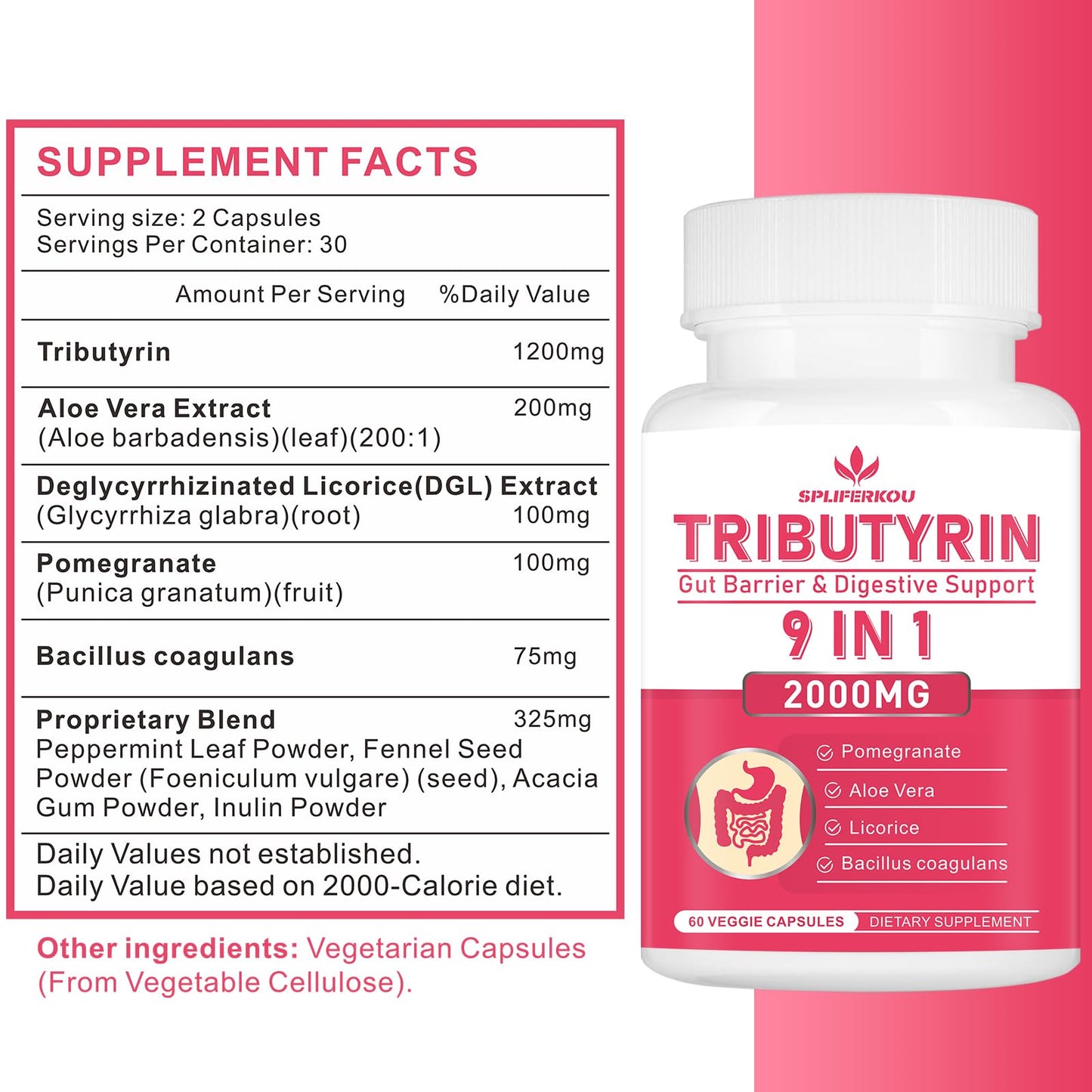 Spliferkou Tributyrin Gut Health Supplement, 9-in-1 Butyrate Complex, 180 Capsules