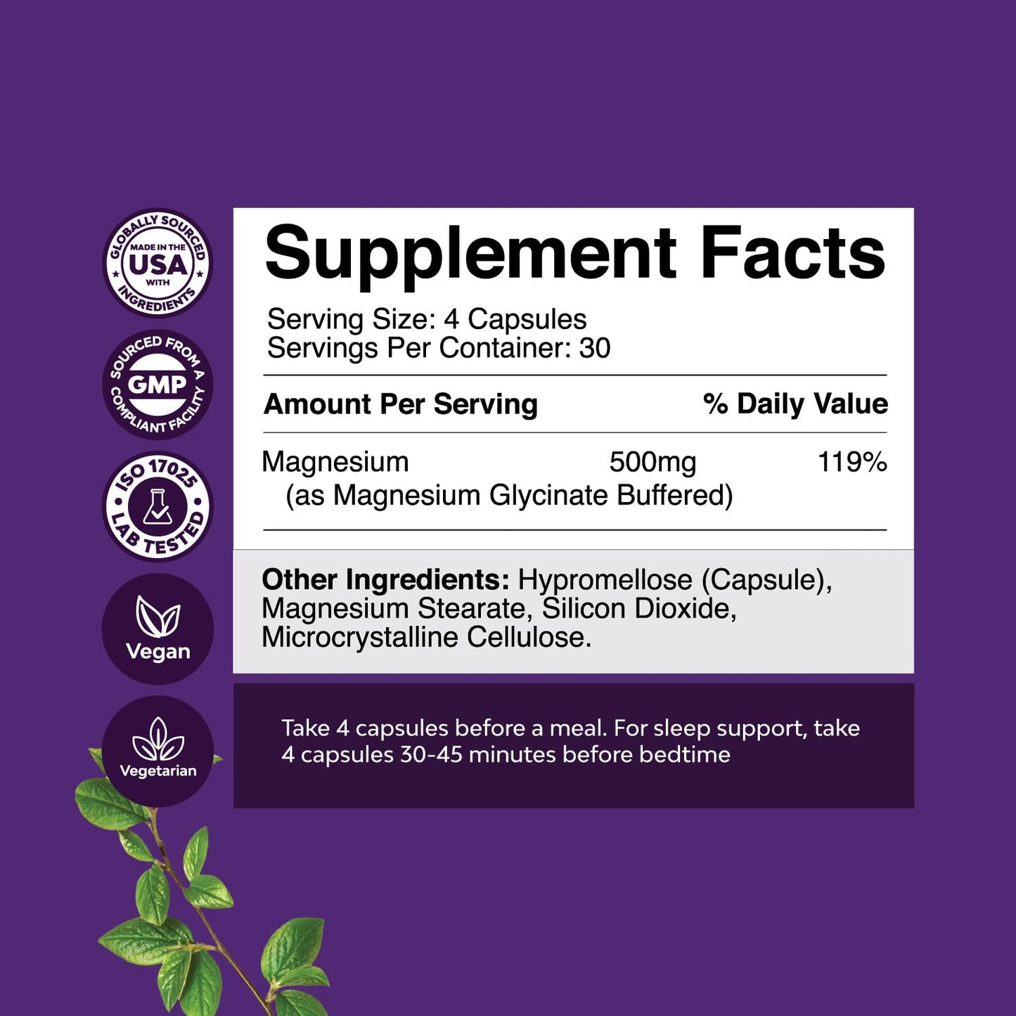 Natures Craft Magnesium Glycinate Supplement 500mg Capsule, 120 Count