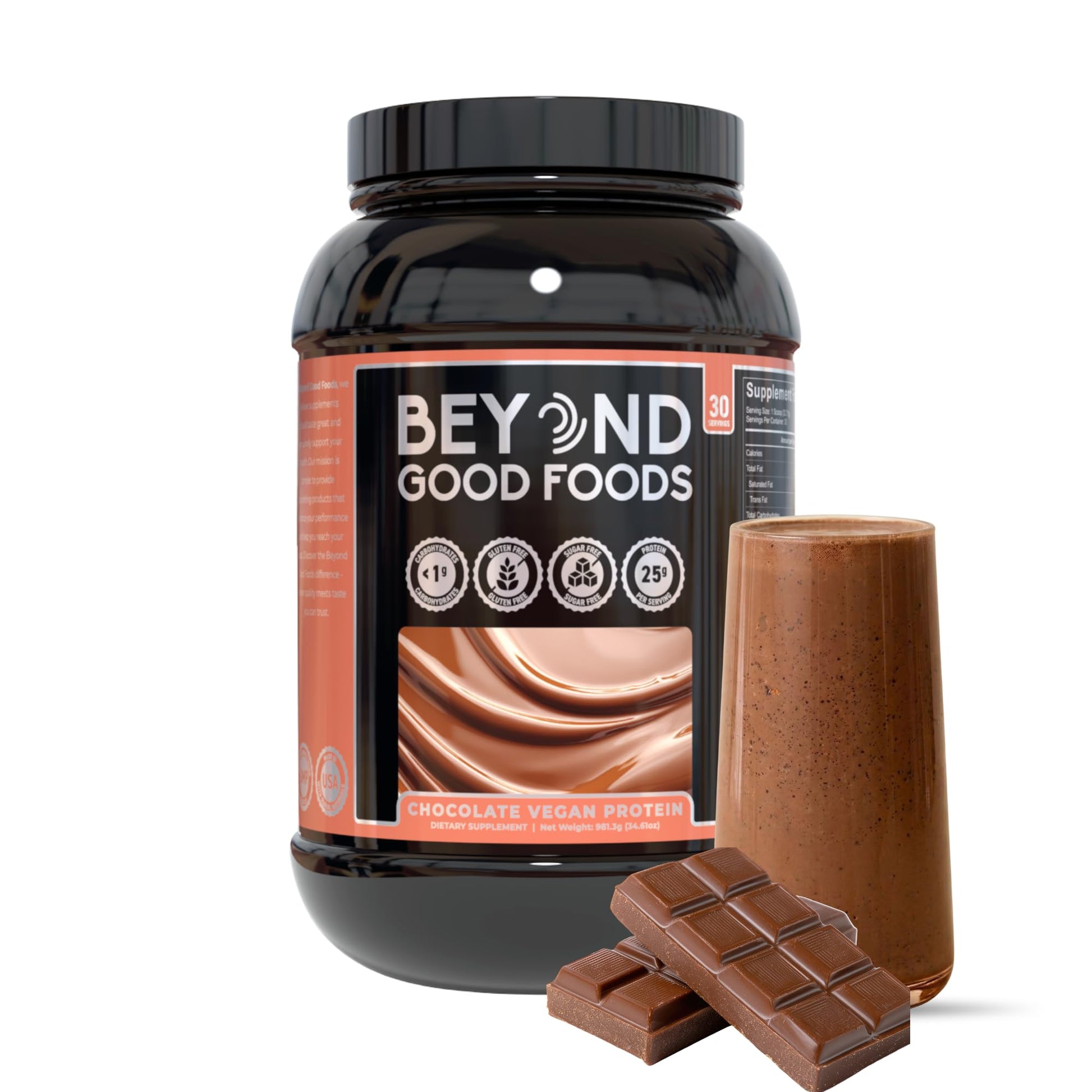Beyond Good Foods Vegan Protein Powder, Chocolate – 25g Plant Protein per Serving, Pea & Brown Rice Protein, Low Carb, Sugar Free, Dairy Free, Soy Free, Gluten Free, Easy to Digest, 2 lbs 30 Servings