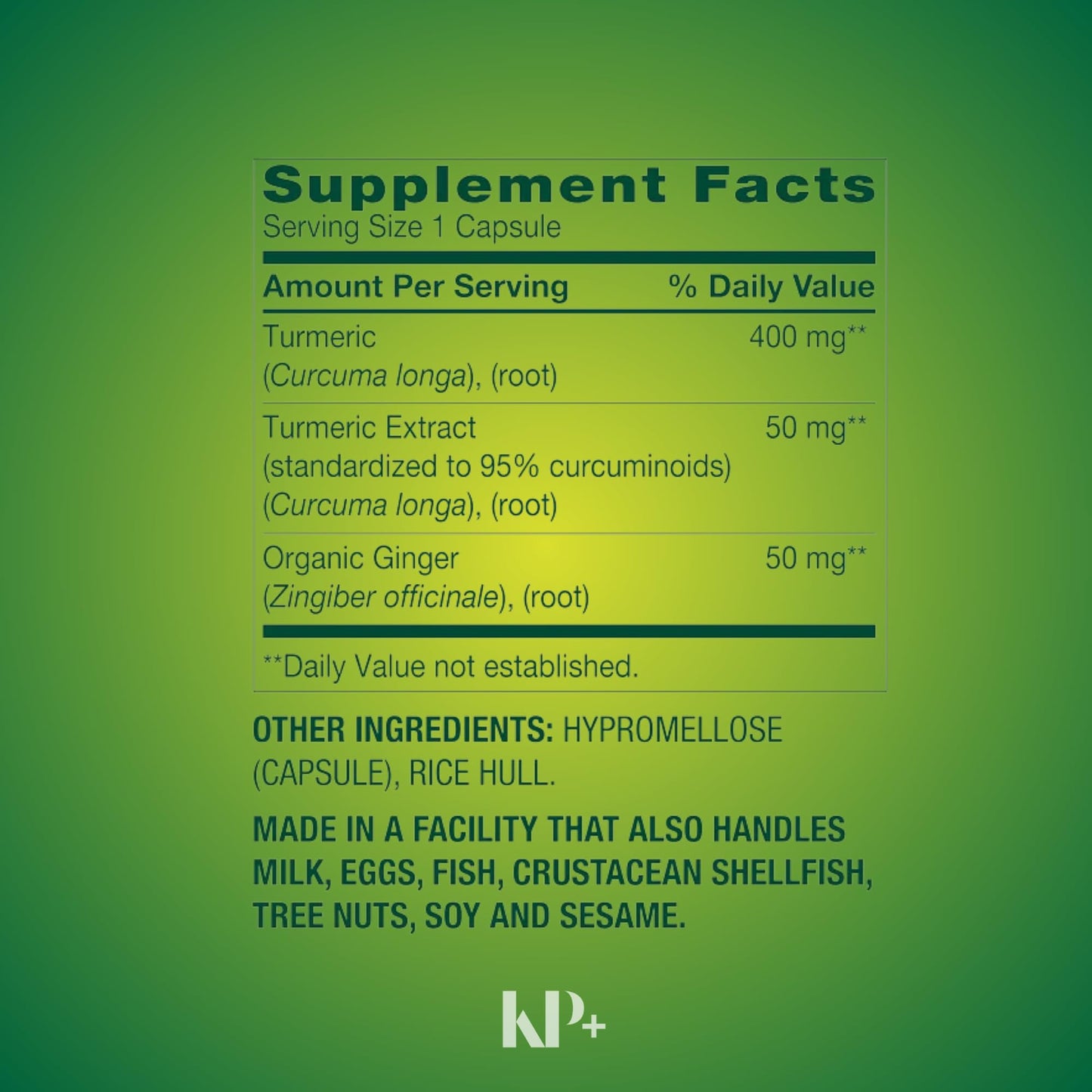 KP+ Turmeric Curcumin with Ginger Powder 500 mg Capsules 180 Count