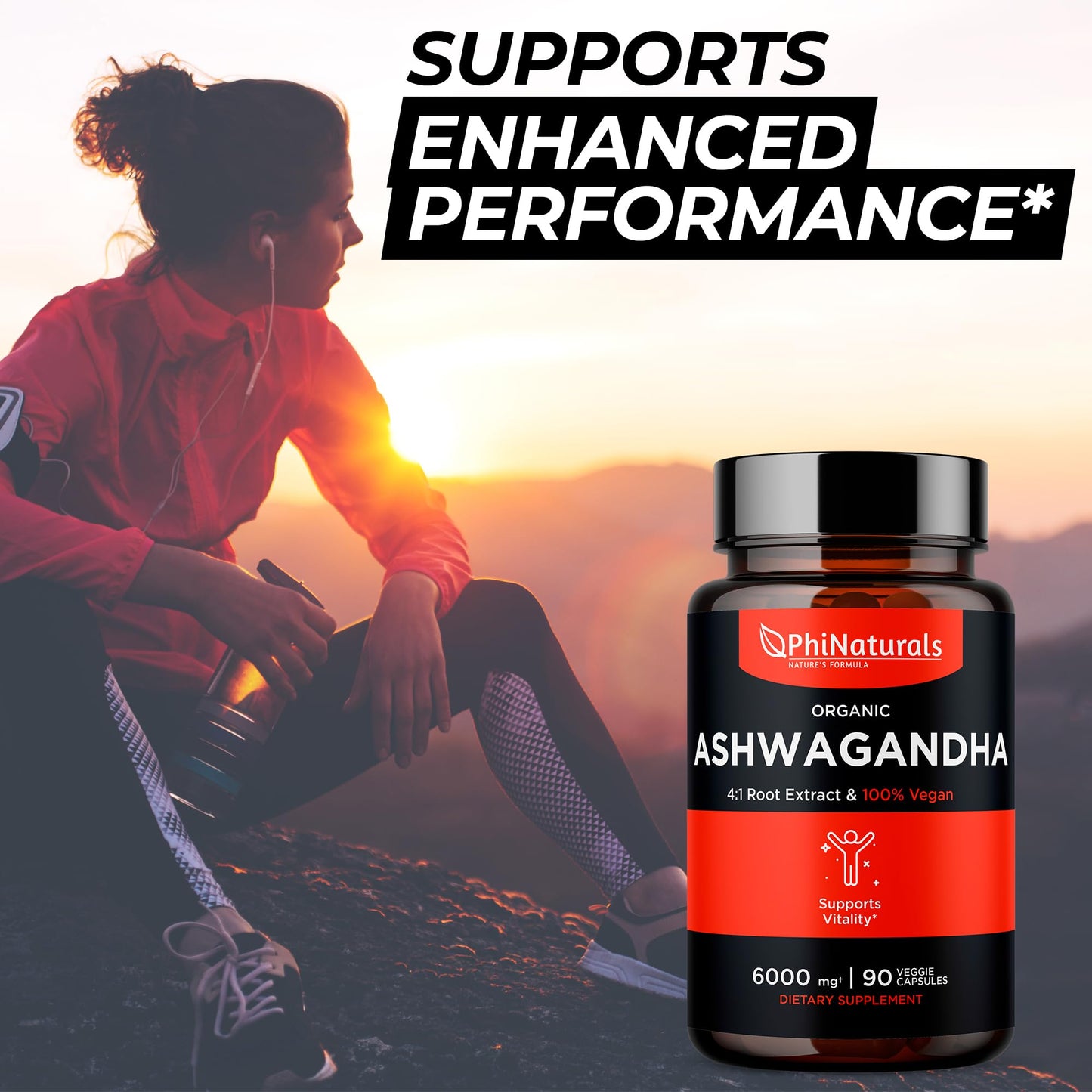 PhiNaturals Organic Ashwagandha Root Extract Vegan Capsules, 500mg per Capsule, 90 Count